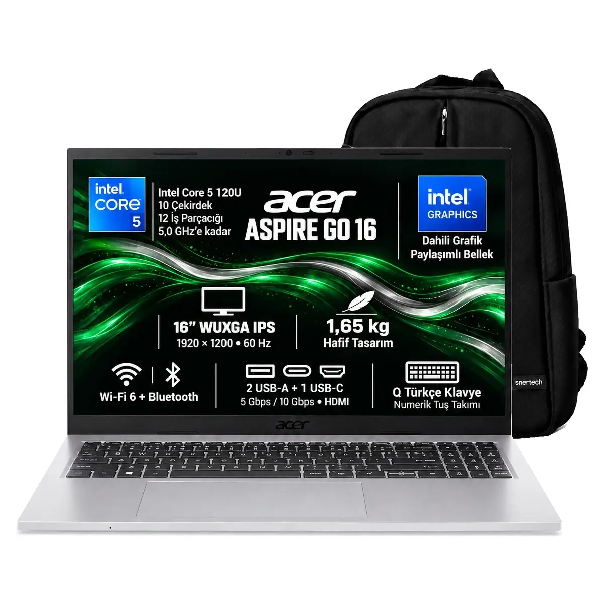 Aspire Go Intel Core 5 120U 12GB 512GB SSD 16" Windows 11 Pro Taşınabilir Bilgisayar + Snertech Çanta NX.JT2EY.002 S3