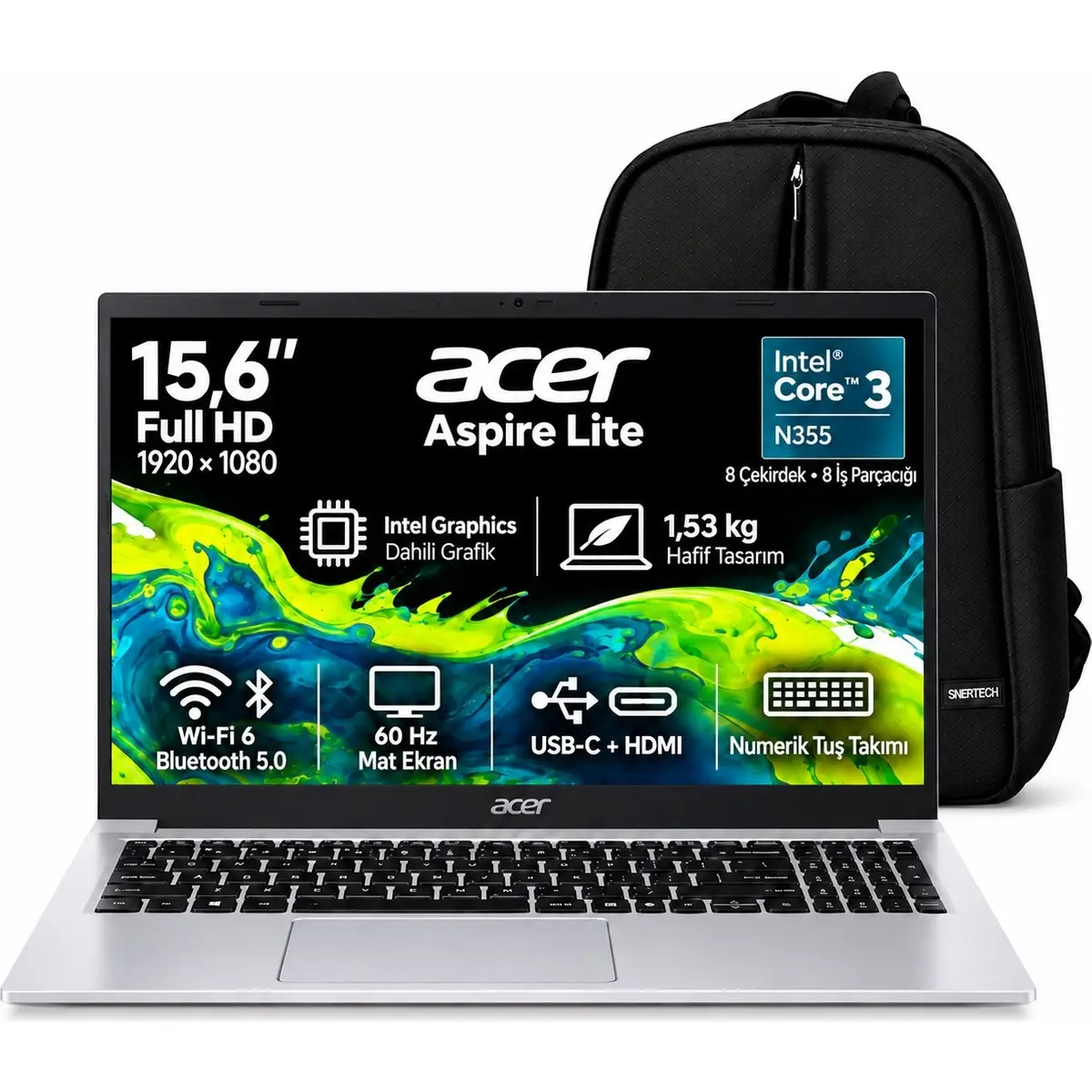 Aspire Lite AL15-33 NX.D2LEY.001 S2 Intel Core 3 N355 8gb 512GB SSD 15.6'' Fhd Windows 11 Home Taşınabilir Bilgisayar + Snertech Çanta