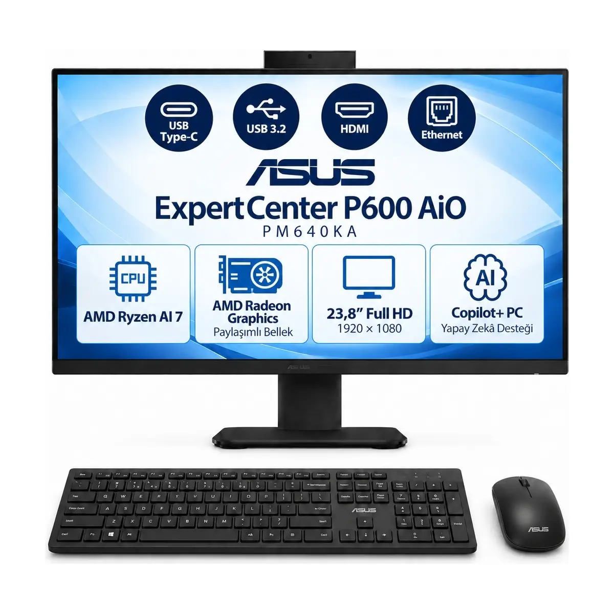ASUS ExpertCenter P600 PM640KA S7 Ryzen AI 7-350 32GB 2TB SSD 23.8 Windows 11 Pro Siyah AI-Powered AIO Bilgisayar
