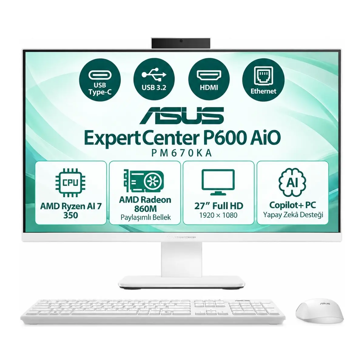 ASUS ExpertCenter P600 PM670KA S10 Ryzen AI 7-350 64GB 2TB SSD 27'' Windows 11 Pro Beyaz AI-Powered AIO Bilgisayar