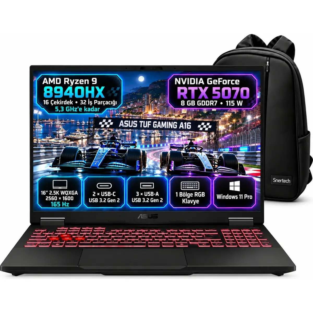 Tuf Gaming A16 Ryzen 9 8940HX 16GB Ram 512GB SSD Geforce Rtx 5070 8gb 115W 16 Inç 2.5k Wqxga 165Hz Windows 11 Pro + Snertech Çanta FA608PP-QT017W S1