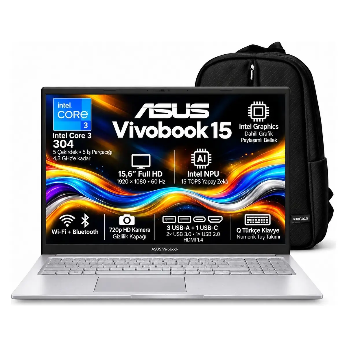 Asus Vivobook 15 Intel Core 3 304 8GB 256GB SSD 15.6" Windows 11 Home Taşınabilir Bilgisayar A1504MA-BQ695W S1