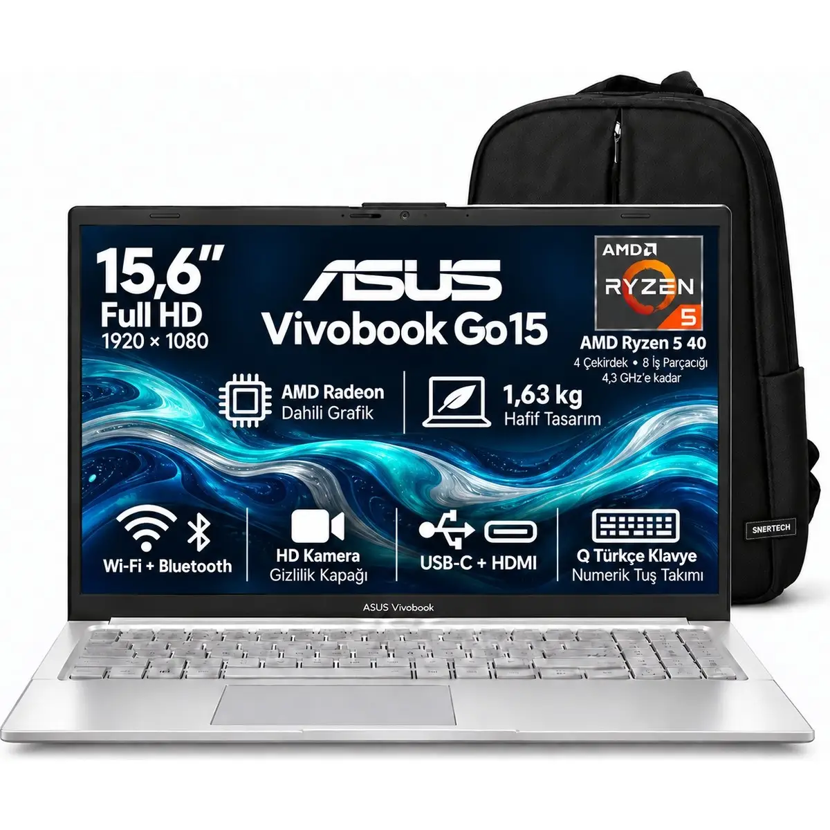 Vivobook Go 15 E1504FA-BQ4442 S2 Ryzen 5 40 8gb 512GB SSD Windows 11 Pro 15.6" Taşınabilir Bilgisayar + Snertech Çanta