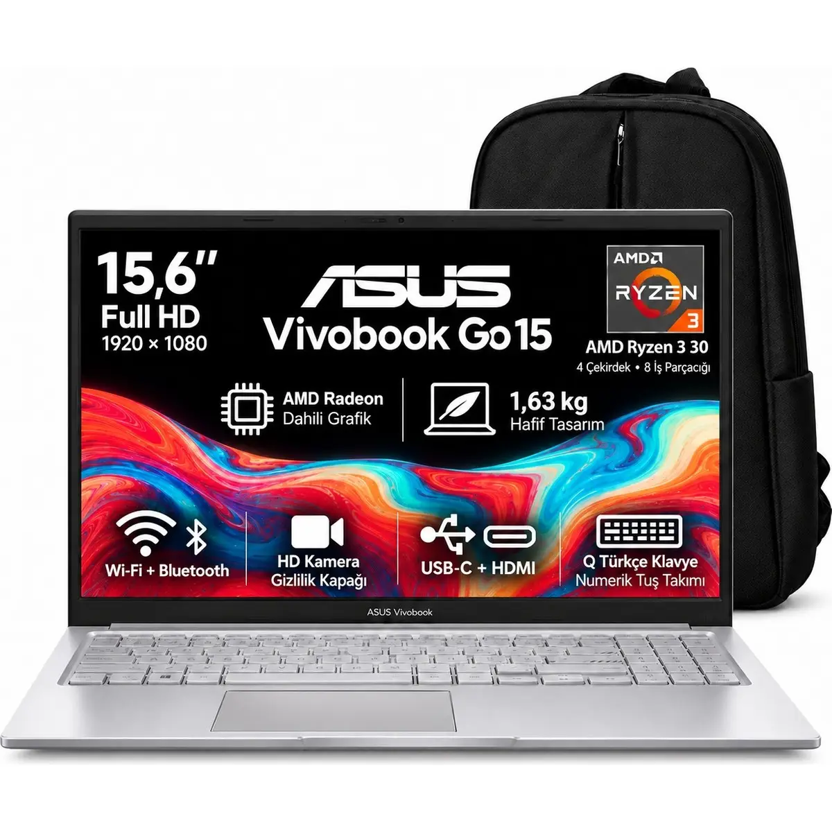 Asus Vivobook Go 15 E1504FA-BQ5647 S2 AMD Ryzen 3 30 8GB 512GB SSD Windows 11 Home 15.6" Taşınabilir Bilgisayar + Snertech Çanta