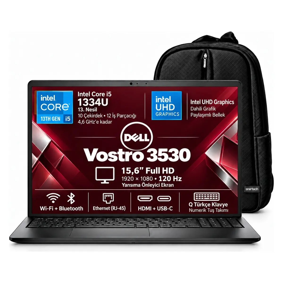 Vostro 3530 I5-1334U 64GB 512GB SSD 15.6" Fhd 120Hz Windows 11 Pro Taşınabilir Bilgisayar + Snertech Çanta N3409PVNB3530U S8