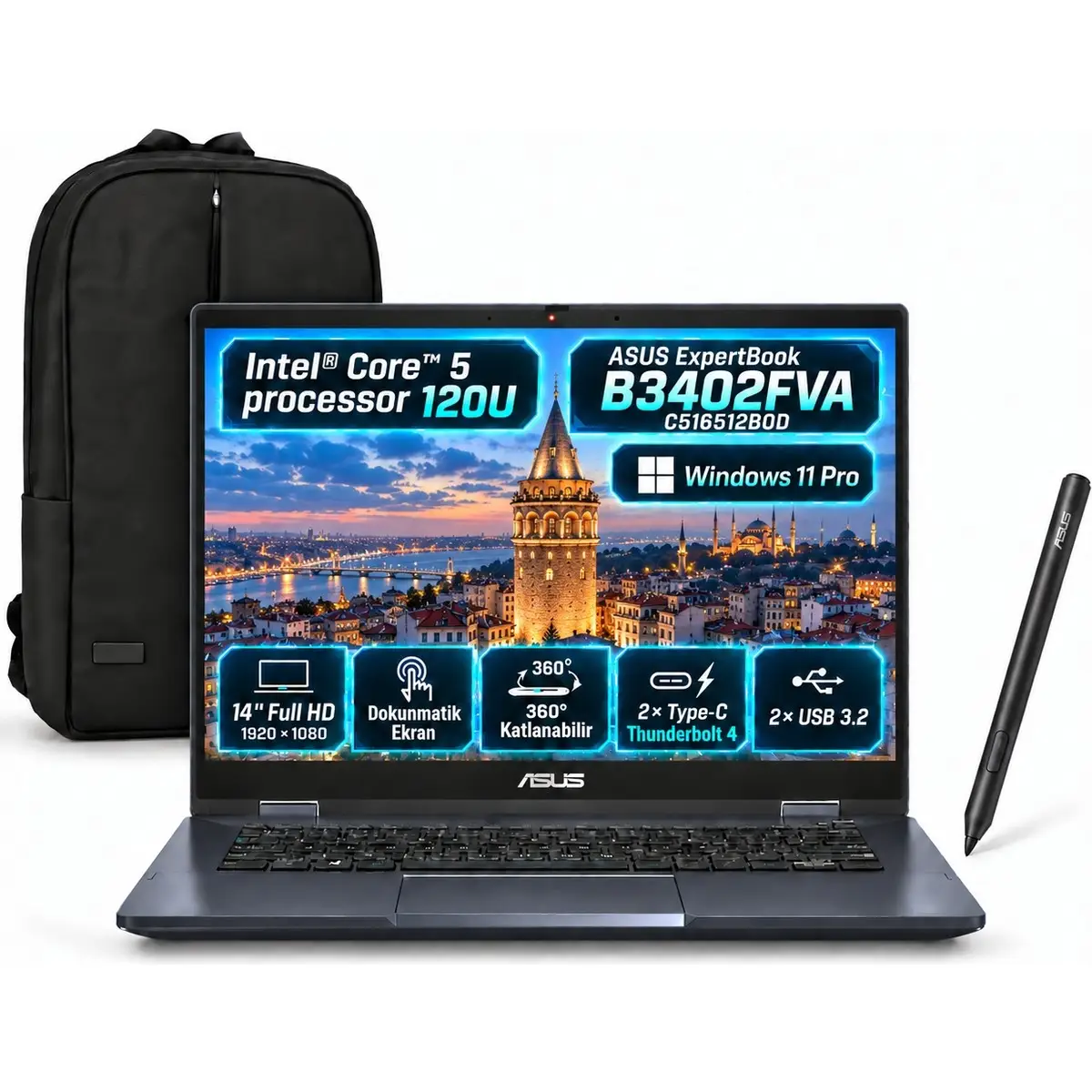 Expertbook B3402FVA-C516512B0DINTEL Core 5-120U 24GB 512GB 14" Fhd Windows 11 Pro Dizüstü Bilgisayar Kalem + Snertech Çanta