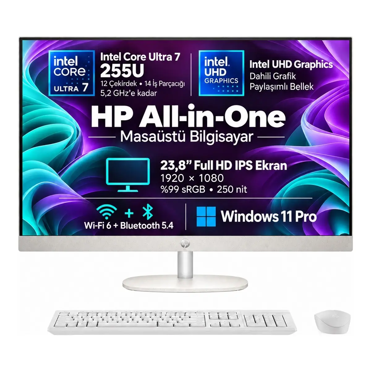 HP 24 CR2011NT Intel Core Ultra 7 255U 16GB Ram 512GB SSD 23.8 Inç Fhd Windows 11 Pro Beyaz All In One Pc D2VC1EA S1 Snertech