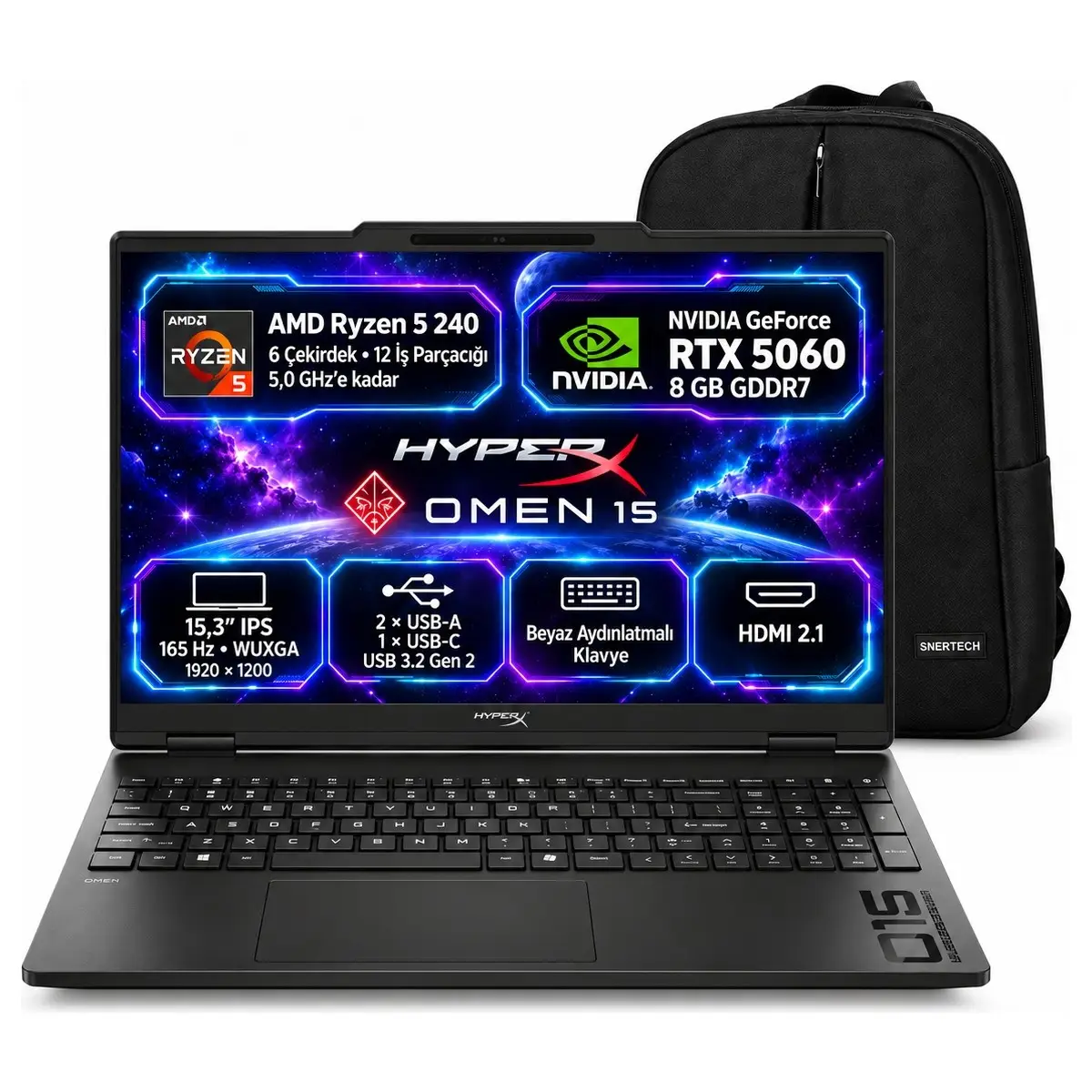 HP HyperX Omen D2QW5EA S10 NVIDIA® GeForce RTX 5060 AMD RyzenTM 5 240 64GB RAM 2TB SSD 15,3'' 165 Hz Windows 11 Pro + Snertech Çanta