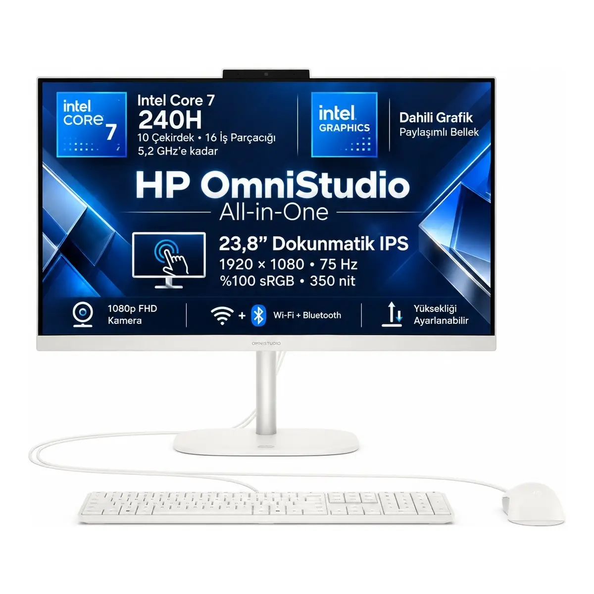 HP Omnistudio 24-CU0015NT Intel Core 7 240H 16GB 512GB SSD 23.8 Inç IPS FHD Dokunmatik Beyaz All In One Pc Snertech D62KSEA S1
