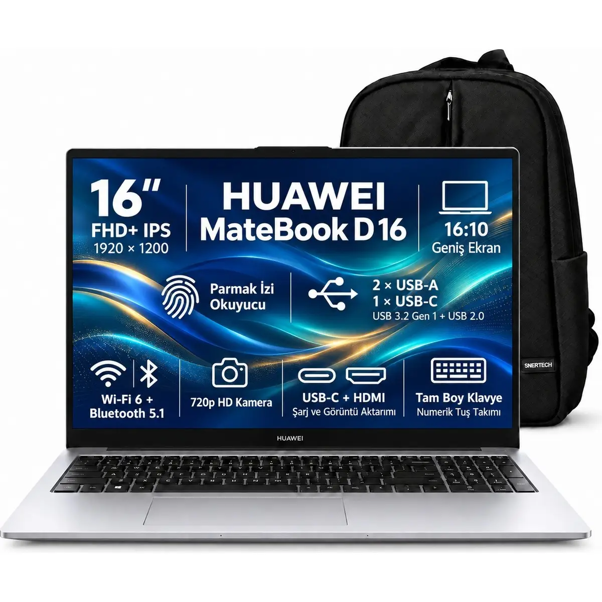 Matebook D16 Mclg-X S2 Intel Core I5-13420H 16 GB 512GB SSD 16'' Wuxga IPS Windows 11 Pro Dizüstü Bilgisayar + Snertech Çanta