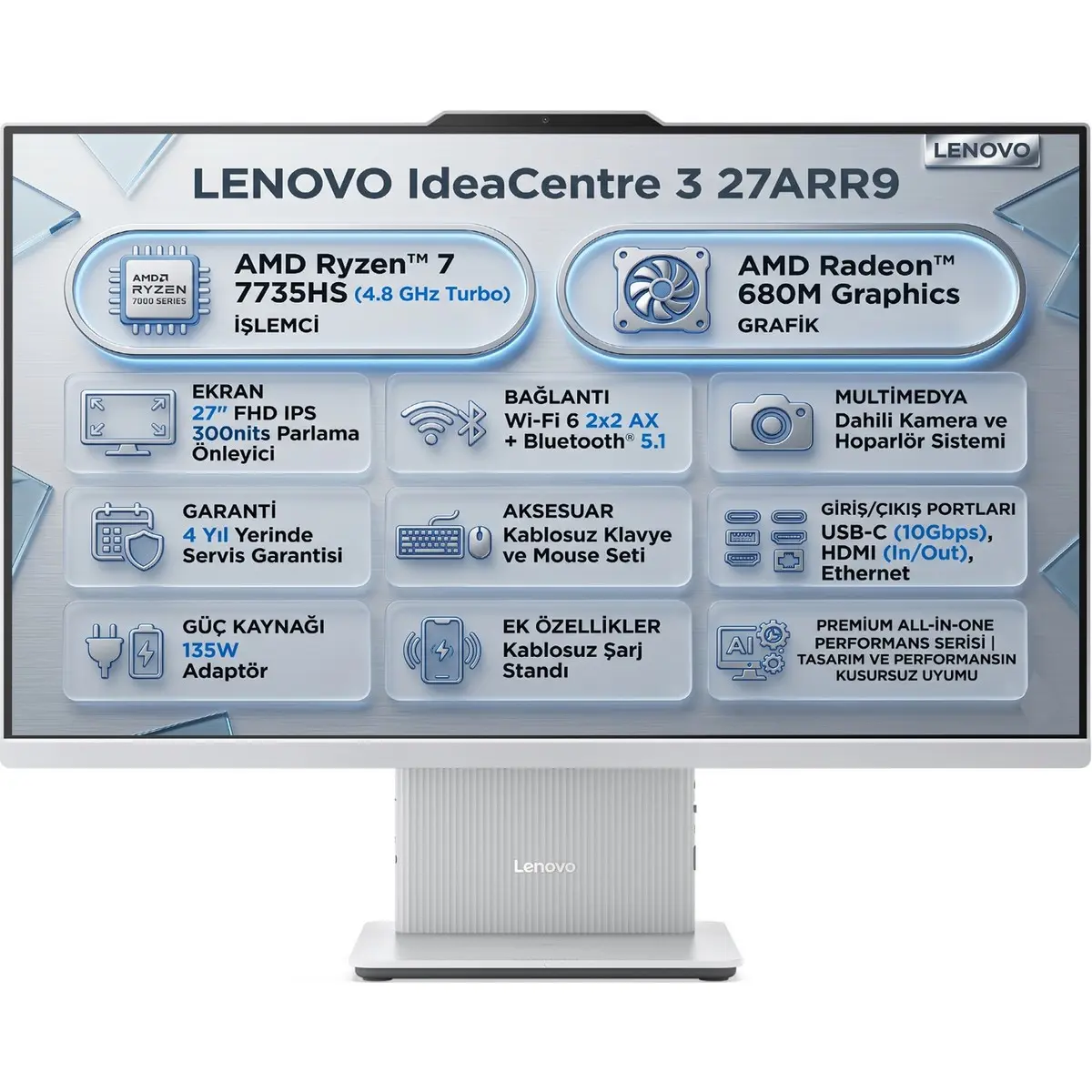 Ideacentre 3 27ARR9 Amd Ryzen 7 7735HS 8gb 512GB SSD 27" Fhd Freedos All In One Pc F0HQ00ADTR 001