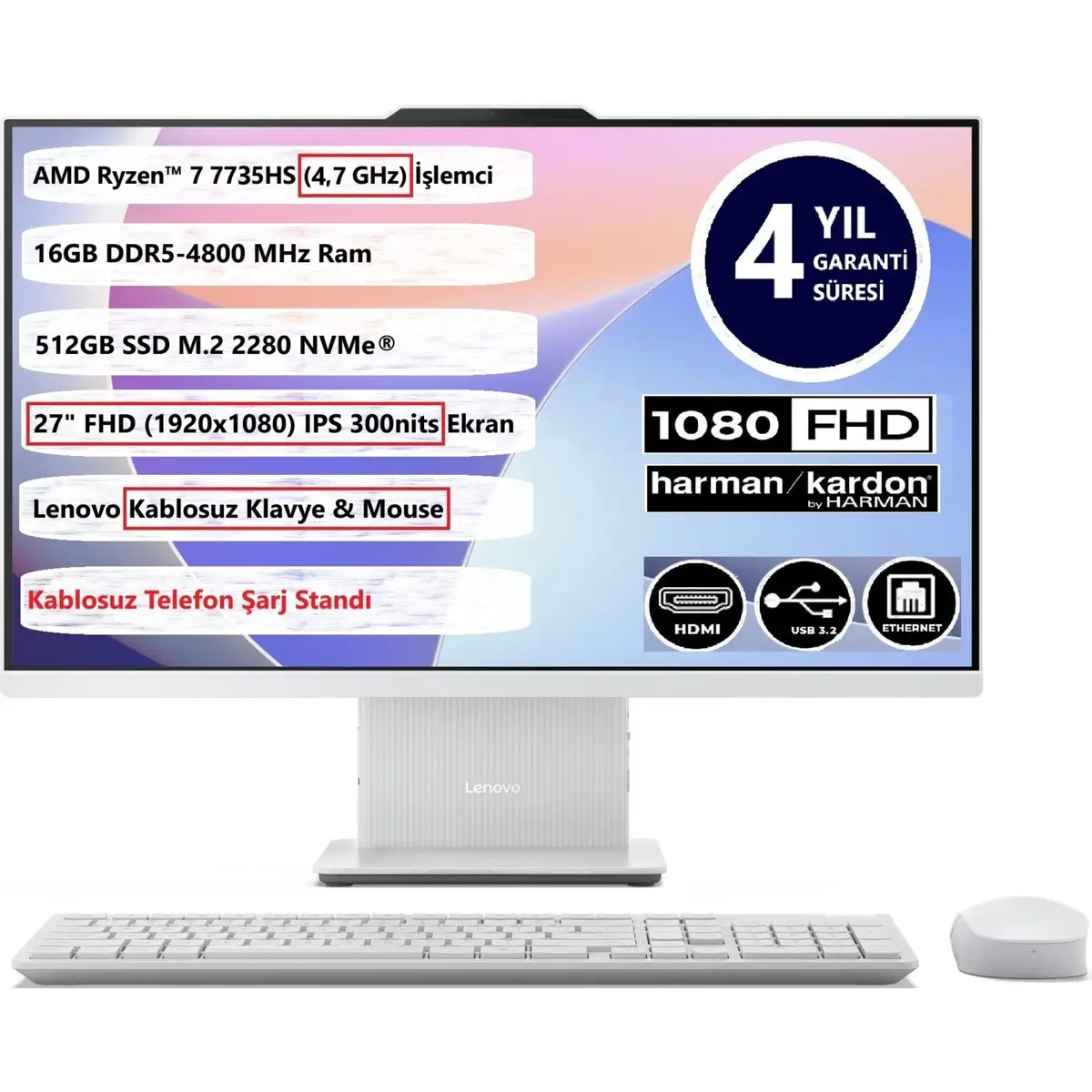 Ideacentre Aıo 27ARR9 R7-7735HS 16GB 512GB SSD 27 Fhd IPS Freedos 27" Aıo Bilgisayar F0HQ008GTR 4 Yıl Garantı