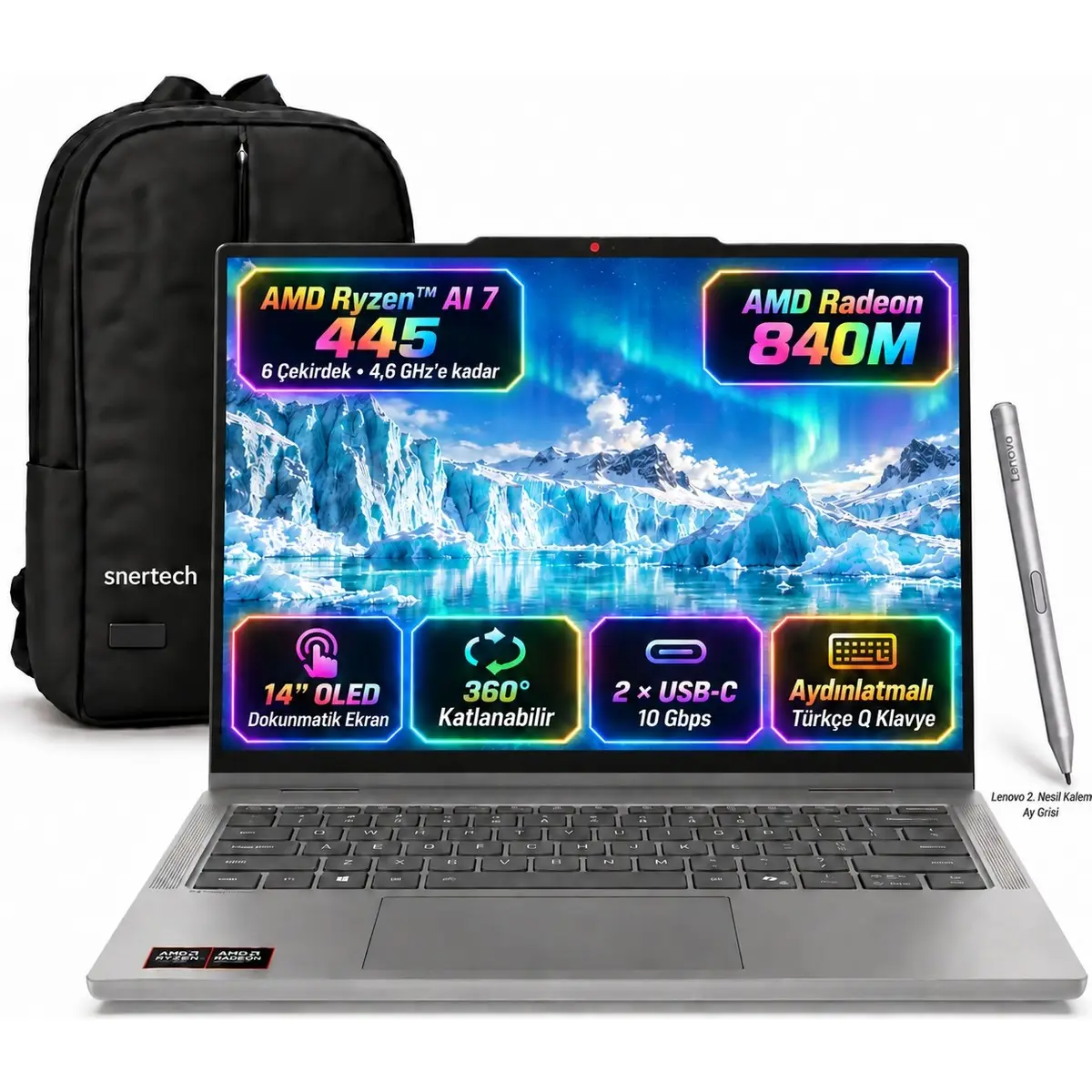 Ideapad 5 2 In 1 14AGP11 83UH004BTRS3 Amd Ryzen™ Aı 7 445 24GB 512GB SSD 14" Touch Windows 11 Pro + Snertech Çanta