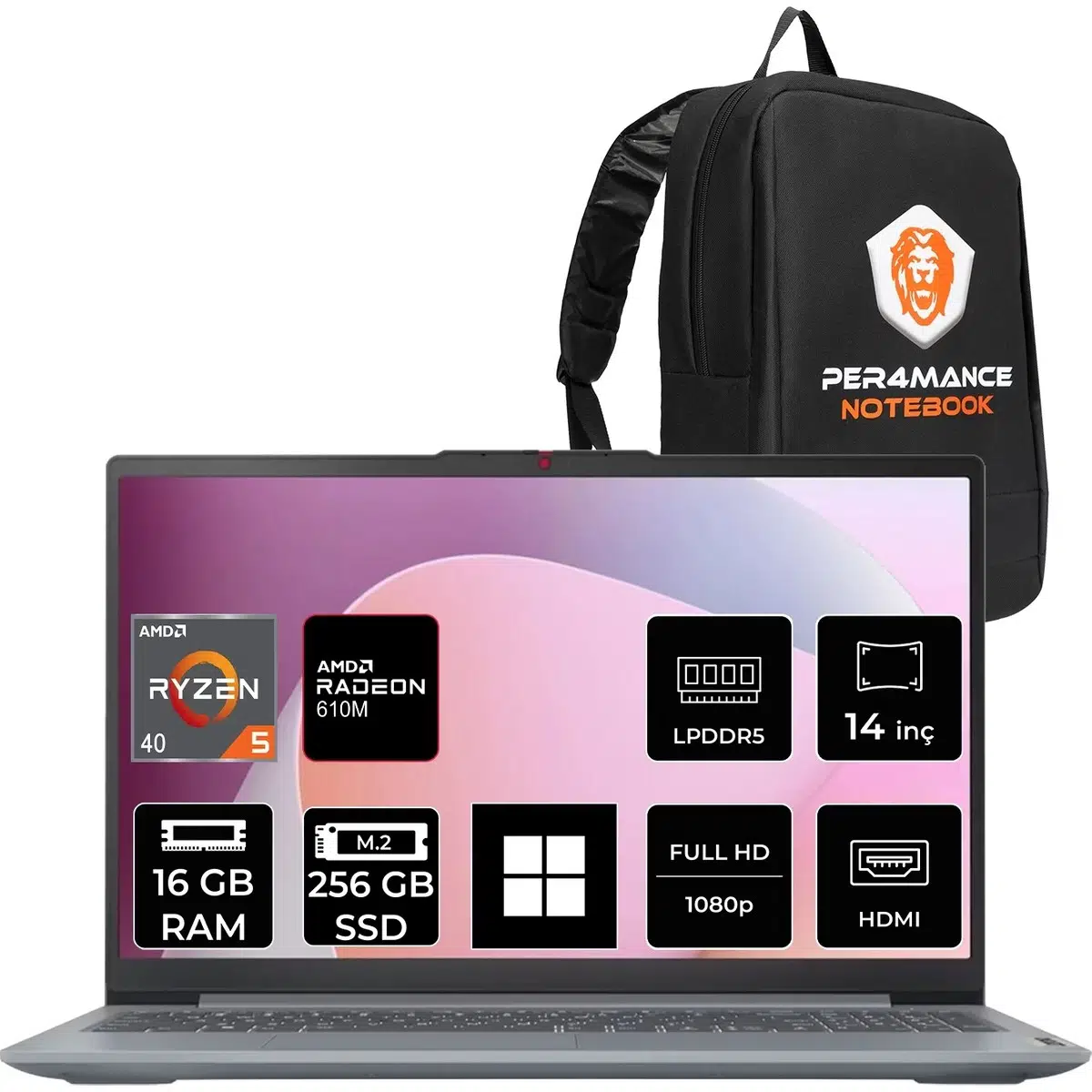 Ideapad Slim 3 14AMN8 Amd Ryzen 5 40 16GB Ram 256GB SSD 14" Fhd (1920X1080) IPS 300NITS WIN11 Home 82XN00DCTXP306 Notebook + Per4 Çanta