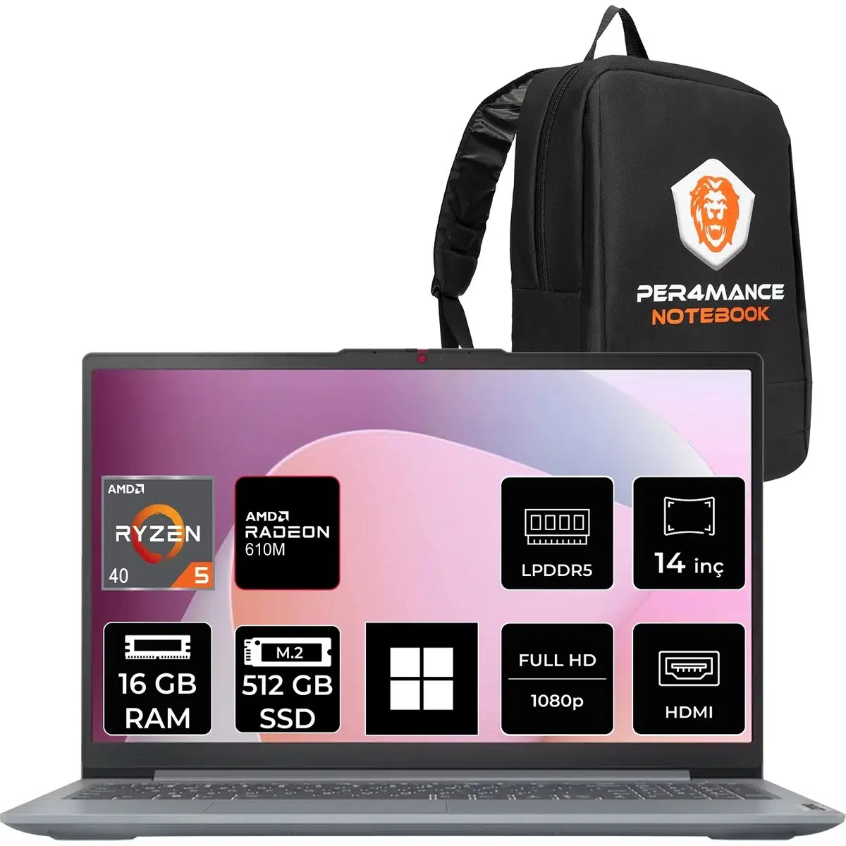 Ideapad Slim 3 14AMN8 Amd Ryzen 5 40 16GB Ram 512GB SSD 14" Fhd (1920X1080) IPS 300NITS WIN11 Pro 82XN00DCTXP312 Notebook + Per4 Çanta