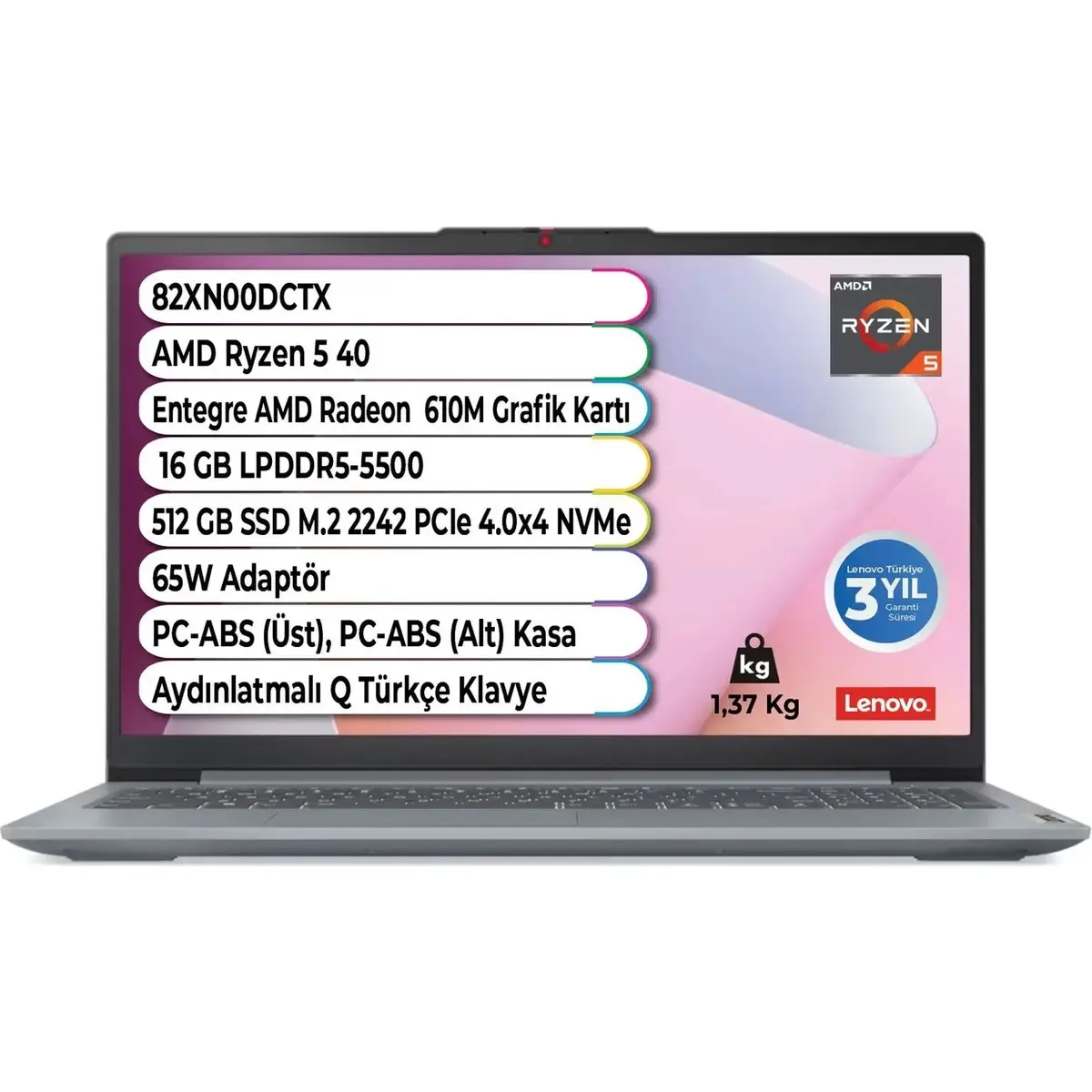 Ideapad Slim 3 14AMN8 Ryzen 5 40 16 GB 512 GB SSD Freedos 14 Inç IPS 82XN00DCTX