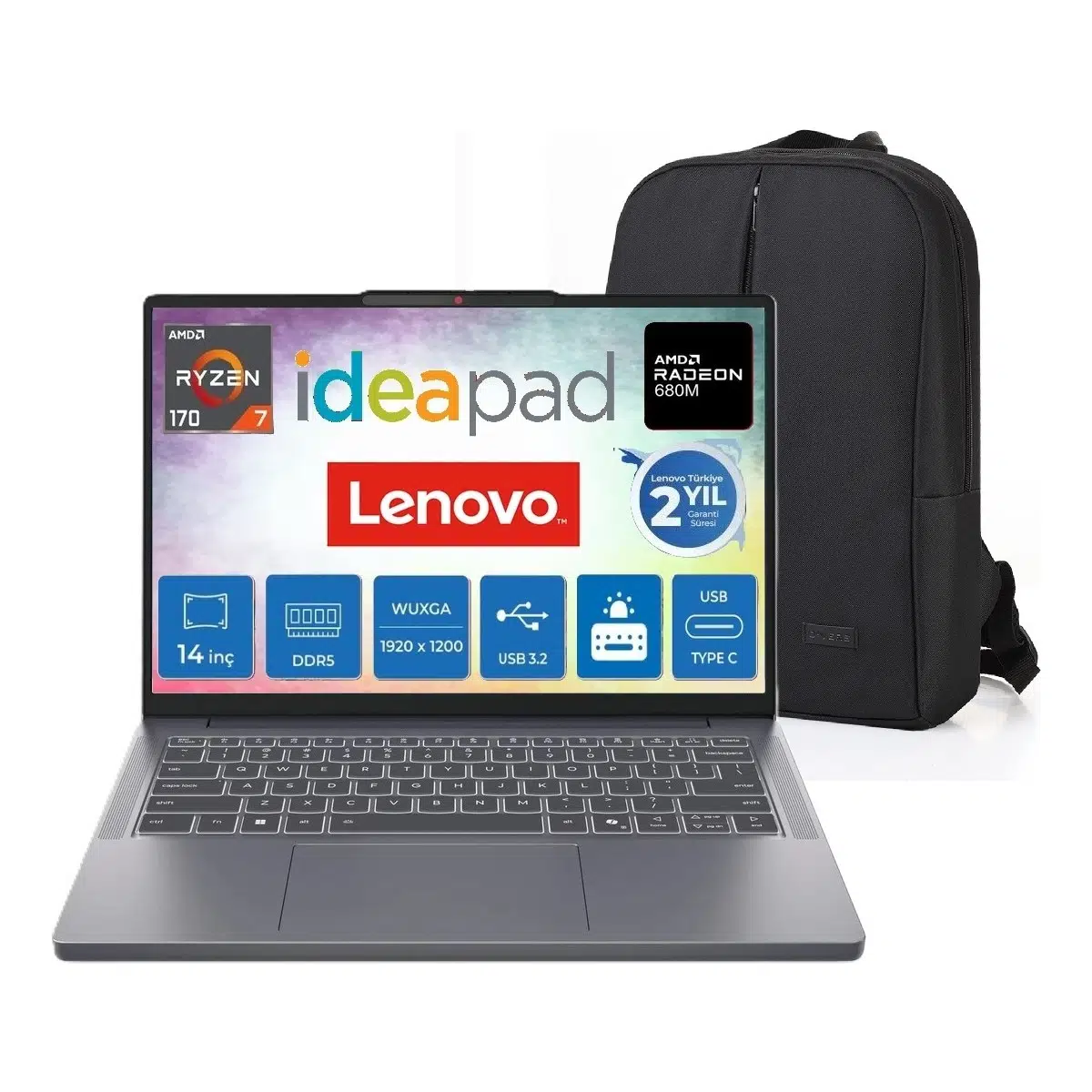 Ideapad Slim 3 14ARP10 Amd Ryzen 7 170 32GB Ddr5 512GB SSD Radeon™ 680M 14" Wuxga IPS 300NITS Windows 11 Pro Taşınabilir Bilgisayar 83K6006JTR + Snertech Çanta