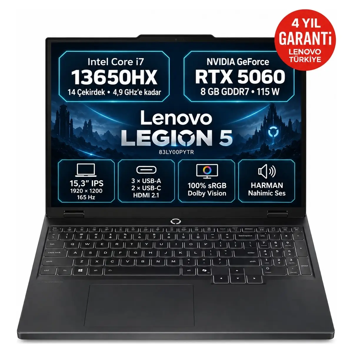 Legion 5 15IRX10 83LY00PYTR S12 Intel Core I7-13650HX Rtx 5060 8gb 64GB Ram 2tb SSD 15.3" Wuxga IPS 165Hz 115W Windows 11 Pro + Snertech Çanta