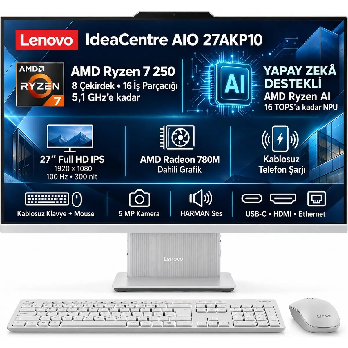 Lenovo Ideacentre Aıo 27AKP10 Ryzen 7 250 64GB 512GB SSD 27" FHD IPS Windows 11 Pro Yapay Zeka Destekli All In One Bilgisayar F0JE002STR S9