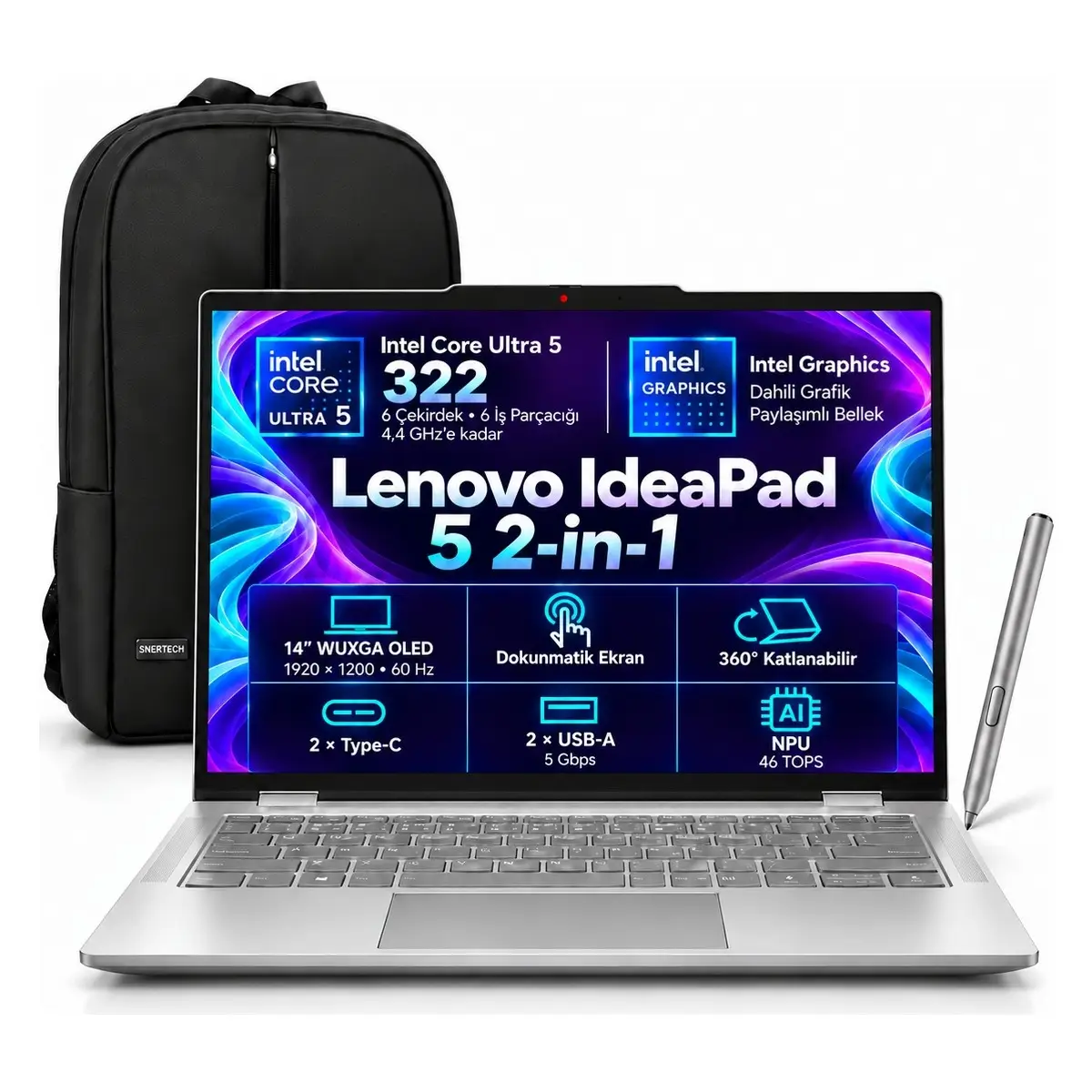 Lenovo Ideapad 5 2 In 1 14IPH11 Intel Core Ultra 5 322 24GB 512GB SSD 14" Wuxga Windows 11 Pro Taşınabilir Bilgisayar + Snertech Çanta 83UG004PTR S3