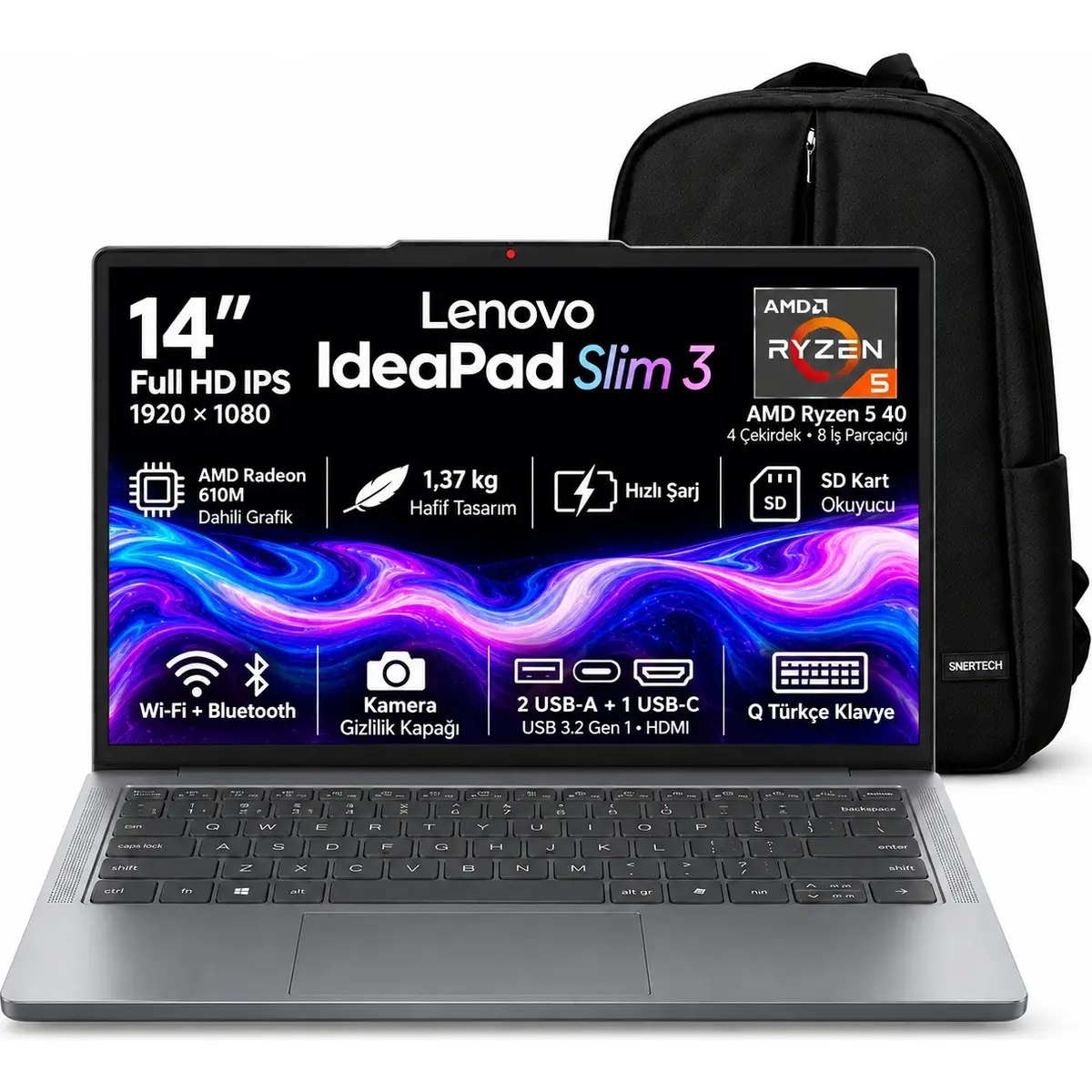 Lenovo Ideapad Slim 3 14AMN8 82XN00DCTX S4 Ryzen 5 40 16GB 2TB SSD 14'' IPS Windows 11 Pro + Snertech Çanta