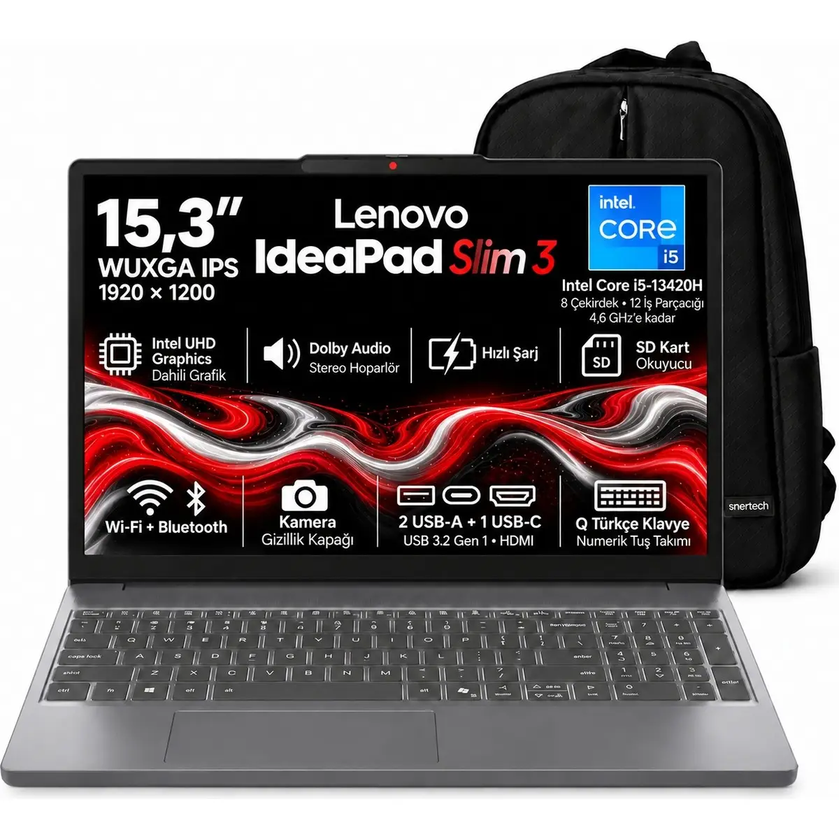 Lenovo IdeaPad Slim 3 83K10016TR S10 Intel Core i5 13420H 32GB 2TB SSD 15.3" Windows 11 Home Taşınabilir Bilgisayar + Snertech Çanta