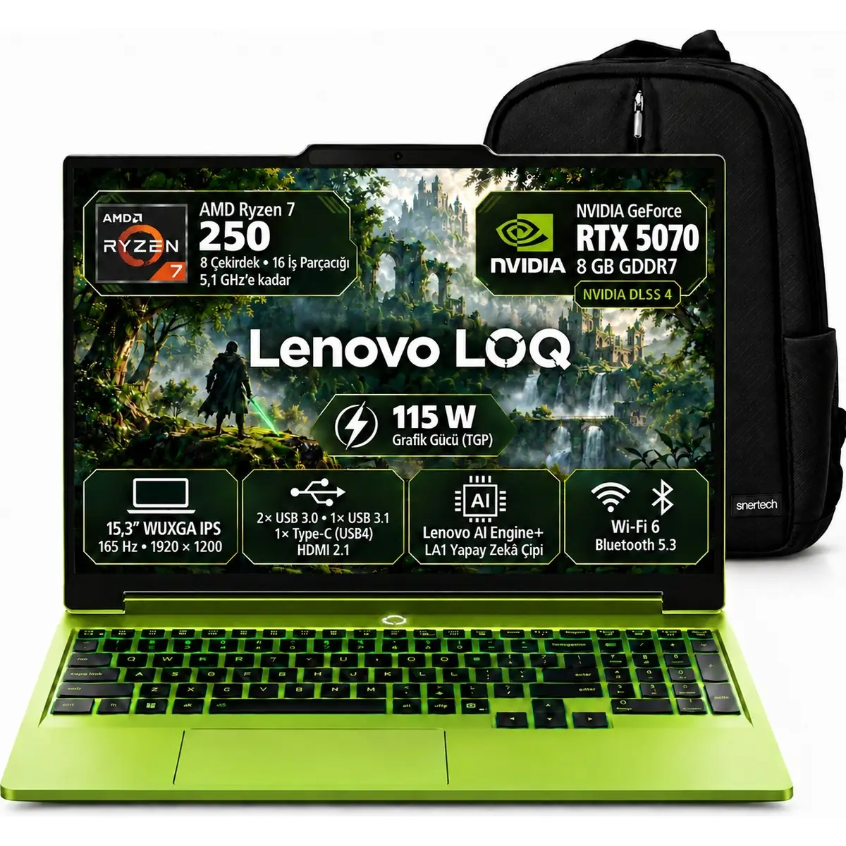 Lenovo LOQ AMD Ryzen 7 250 24GB 512GB SSD RTX5070 Windows 11 Pro WUXGA 15.3" Taşınabilir Bilgisayar + Snertech Çanta 83TN00A9TR S3