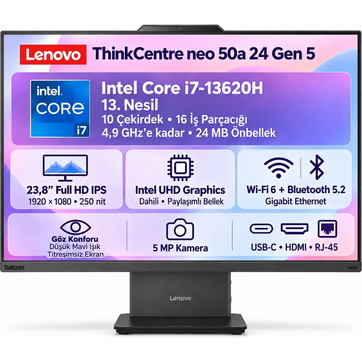 Lenovo ThinkCentre Neo 50A Gen 5 i7-13620H 24GB 1TB SSD 23.8 FHD Windows 11 Pro Aıo PC 12SC000KTR S4 Snertech