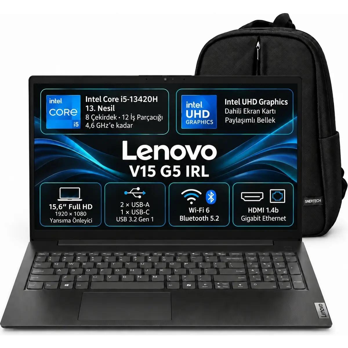 Lenovo V15 G5 Irl 83GW007YTX S6 Intel Core I5-13420H 32GB 1TB SSD 15.6" FHD Windows 11 Pro Laptop Notebook + Snertech Çanta
