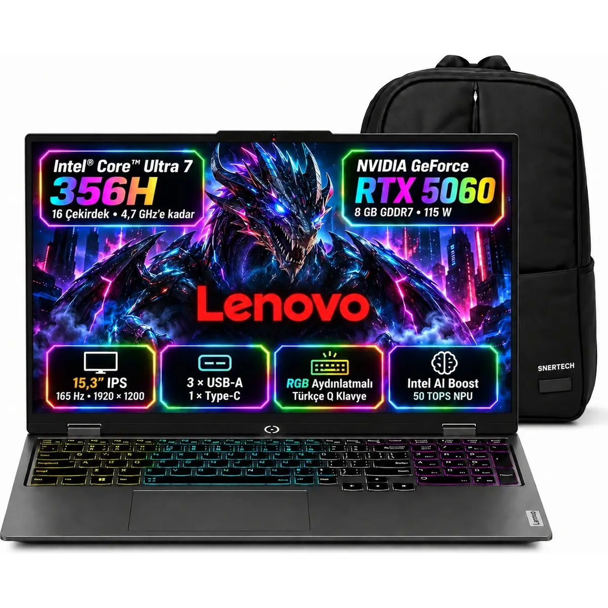 Loq 15IPH11 83SL001ATRS8 Intel Core Ultra 7-356H RTX5060 64GB 1tb SSD 8gb Tgb 115W 15.3" IPS 165Hz Windows 11 Pro Taşınabilir Bilgisayar + Snertech Çanta