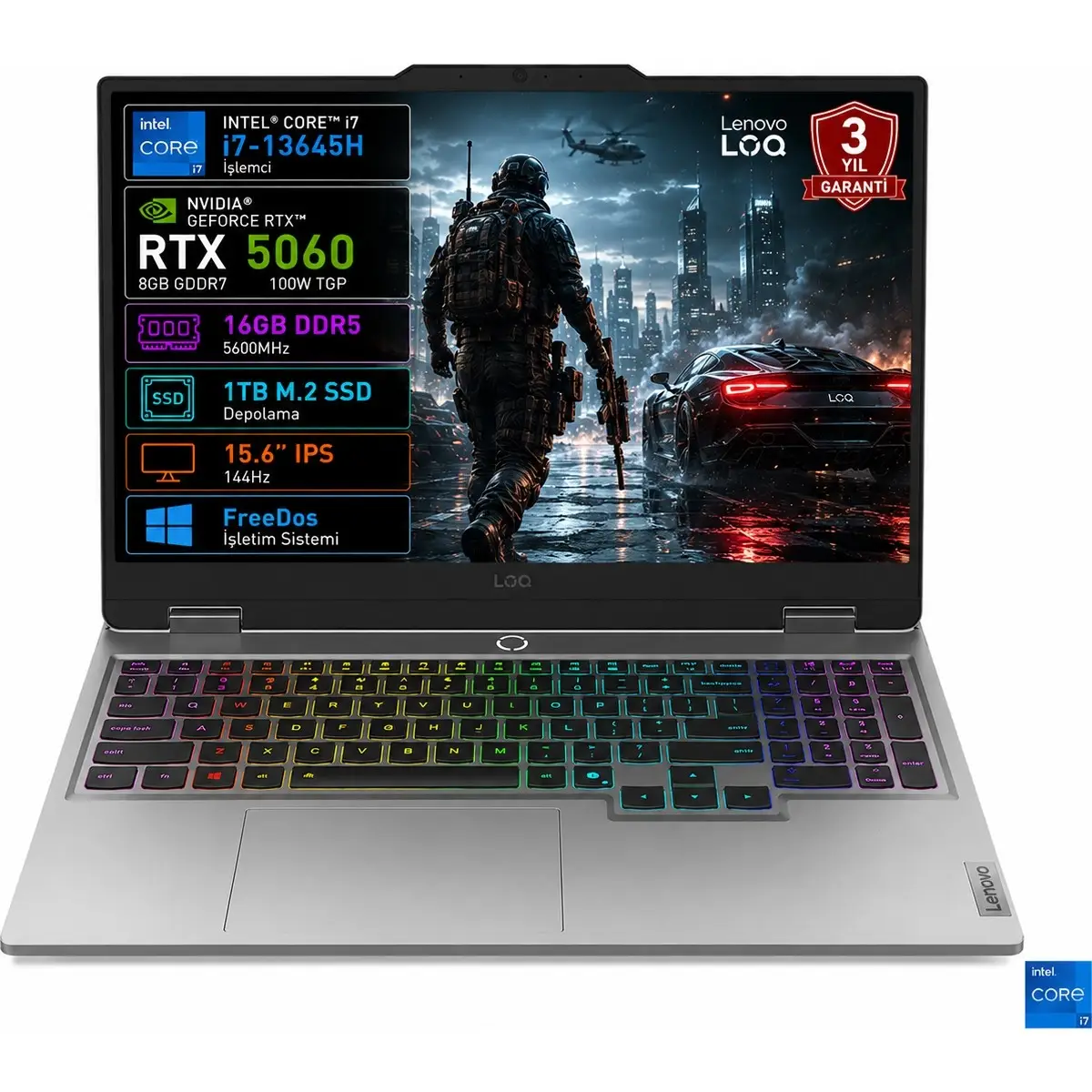 Loq 15IRX10 83JE01BETR I7-13645HX 16GB 1tb SSD RTX5060 8gb Tgp 100W 15.6" IPS 144Hz Freedos Taşınabilir Bilgisayar