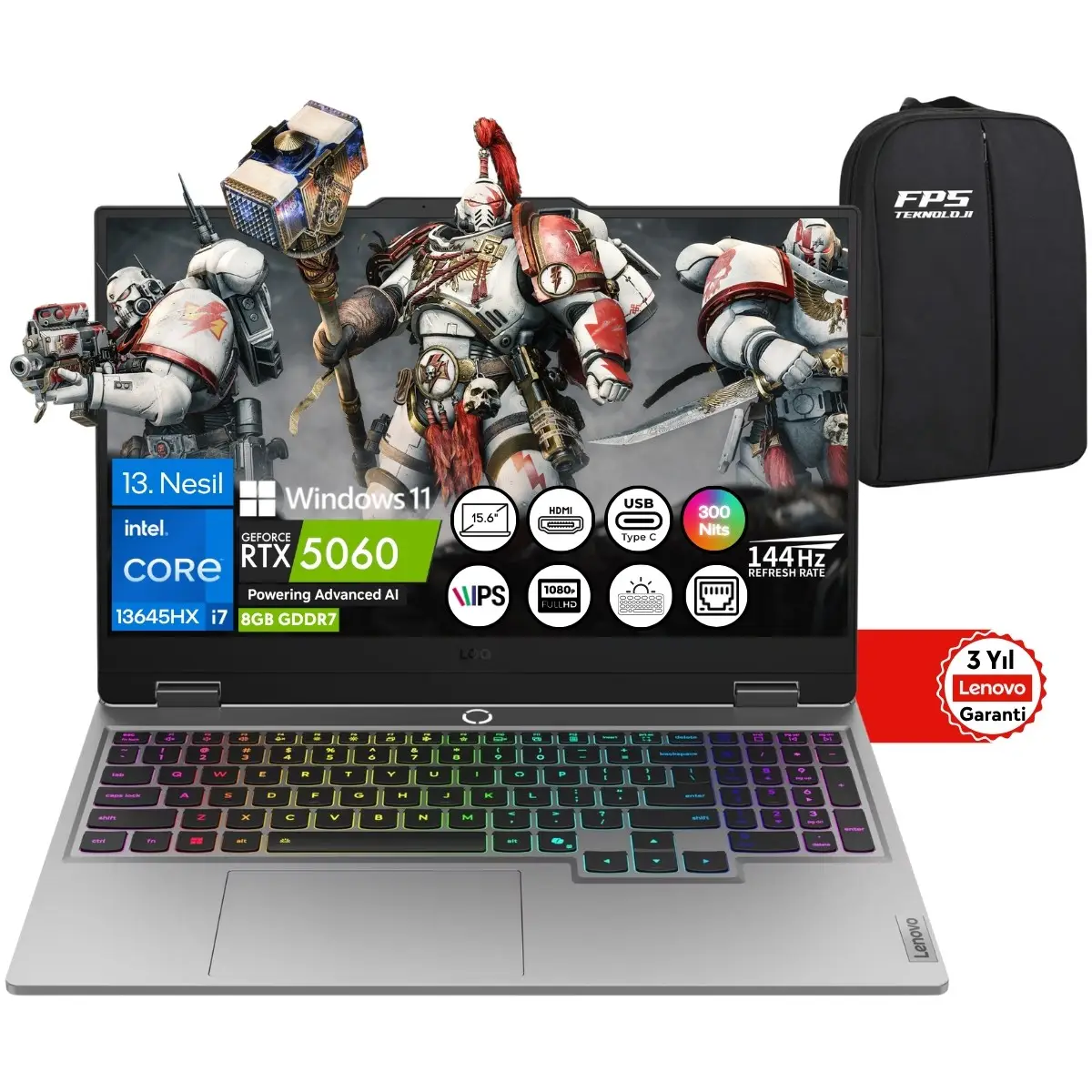 Loq 15IRX10 İ7-13645HX RTX5060 16GB Ram 512GB SSD 15.6" Fhd IPS 144Hz 83JE01BETR Taşınabilir Bilgisayar