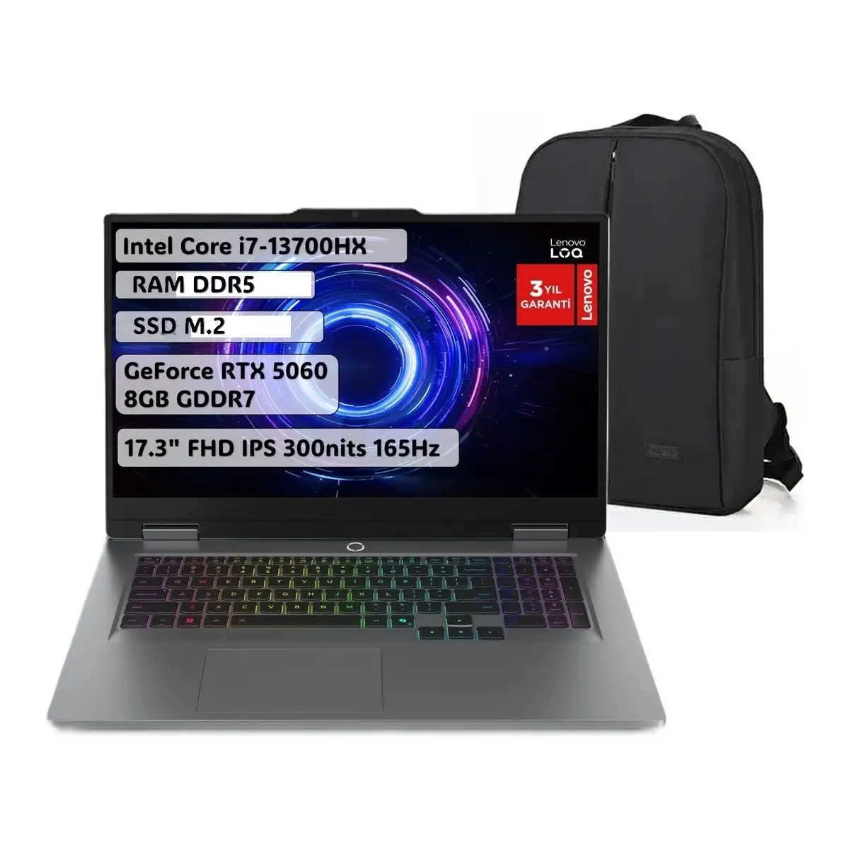 Loq I7-13700HX 12GB 1tb SSD 17.3" Fhd 144Hz Rtx 5060 8gb Gddr7 115W Windows 11PRO 83JH00BQTR Snertech Çanta