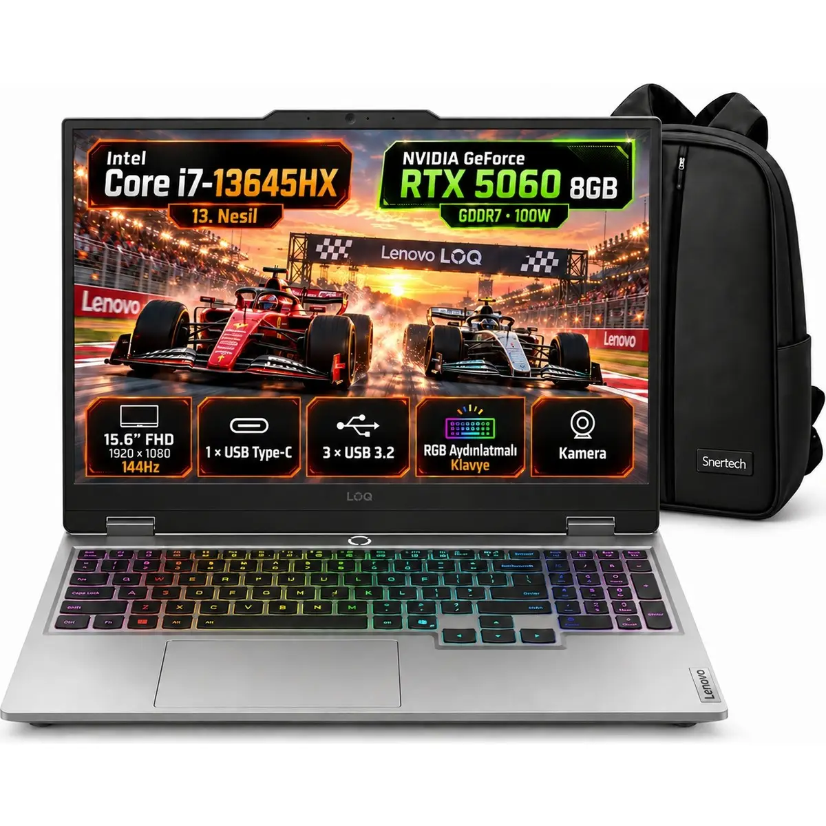 Loq Intel Core I7 13645HX 16GB 1tb SSD RTX5060 15.6" Fhd 144Hz Taşınabilir Bilgisayar Windows 11 Pro 83JE01BETR Snertech + Çanta