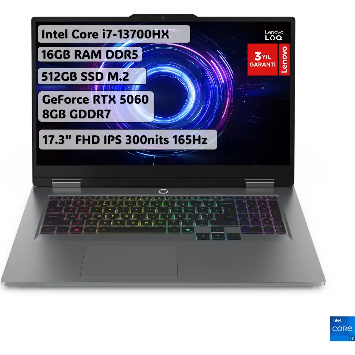 LOQ Intel Core i7 13700HX 16GB 512GB SSD RTX5060 Freedos 17.3" Taşınabilir Bilgisayar 83JH00BQTR