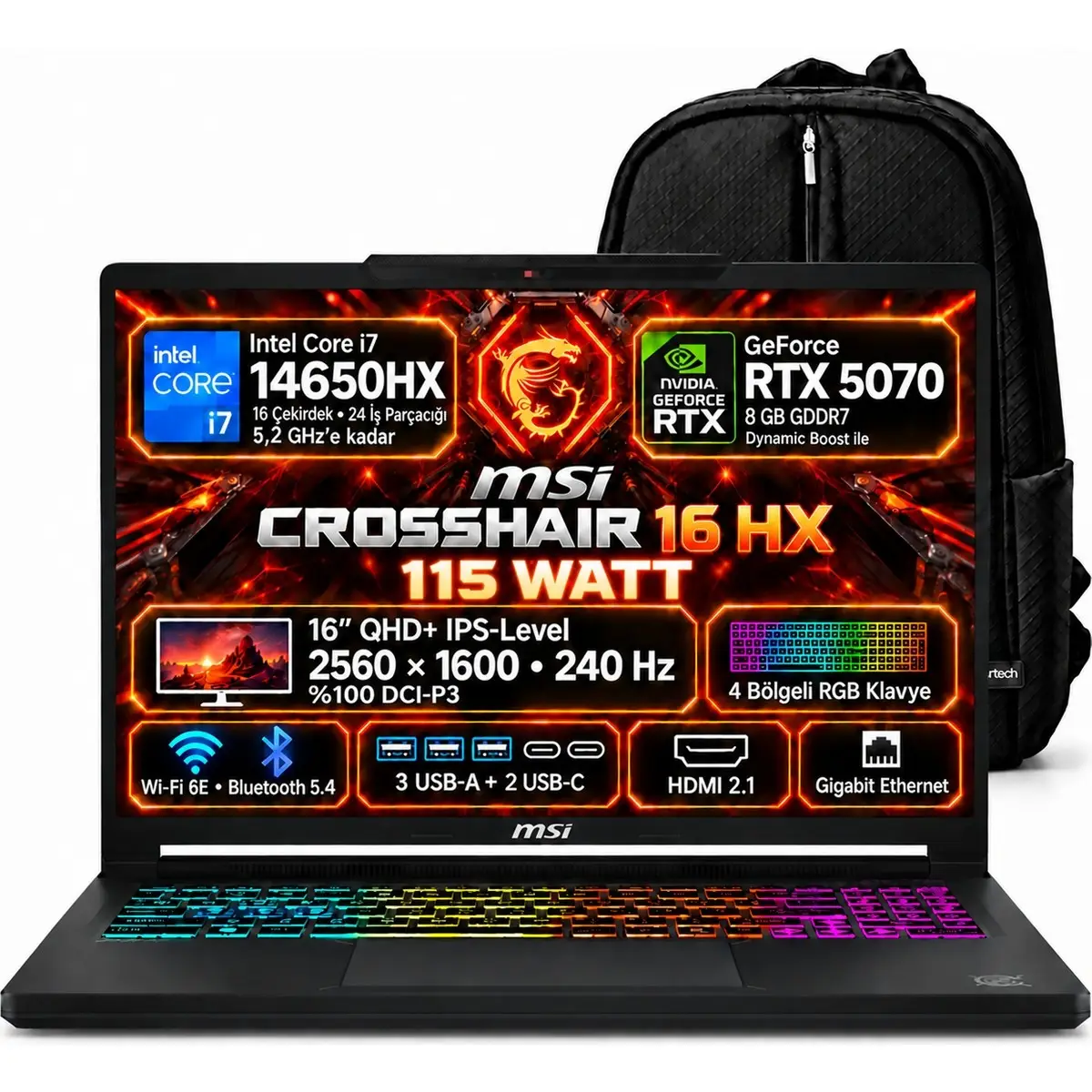 Msı Crosshaır 16 Hx Intel Core I7 14650HX 16GB 1tb SSD Rtx 5070 16" 240Hz Windows 11 Pro Taşınabilir Bilgisayar + Snertech Çanta E14WGK-047XTR S2