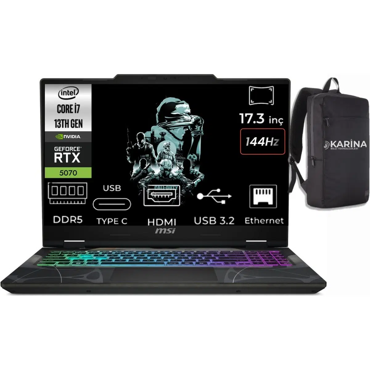 Msı Cyborg 17 Intel Core I7 13620H B13WGKG-251XTR-K13 64GB 1tb RTX5070 8gb W11PRO 17.3" Fhd 144Hz Gaming Laptop & Karina Çanta