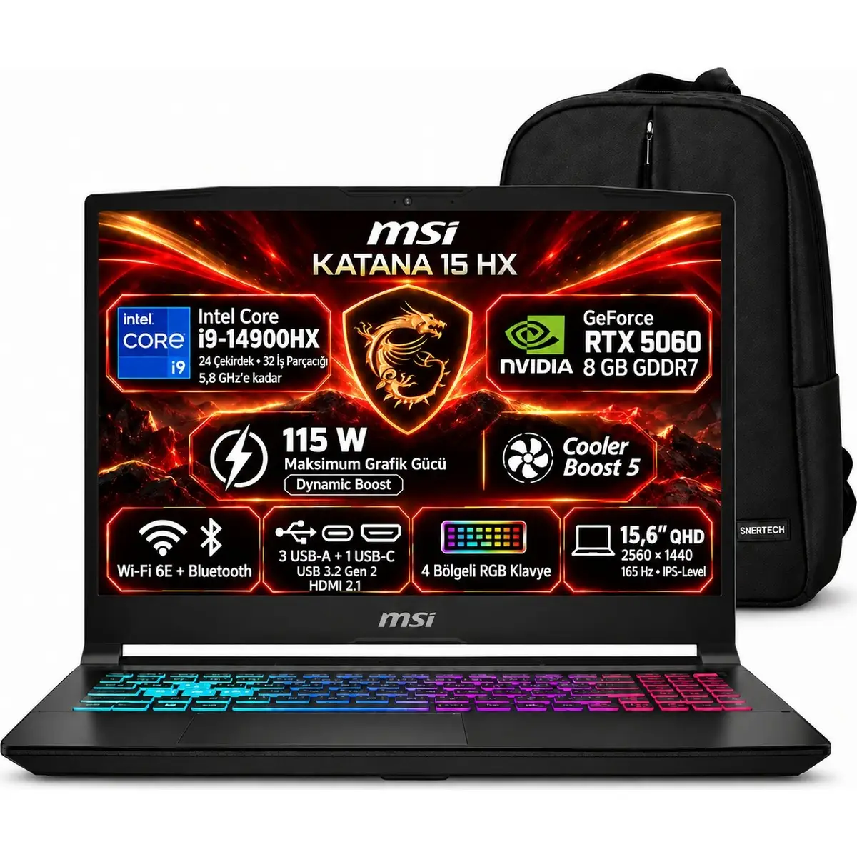 MSI KATANA 15 HX B14WFK-450XTR S5 Intel Core i9 14900HX 32GB 1TB SSD RTX5060 15.6" QHD 165Hz Windows 11 Pro Taşınabilir Bilgisayar + Snertech Çanta