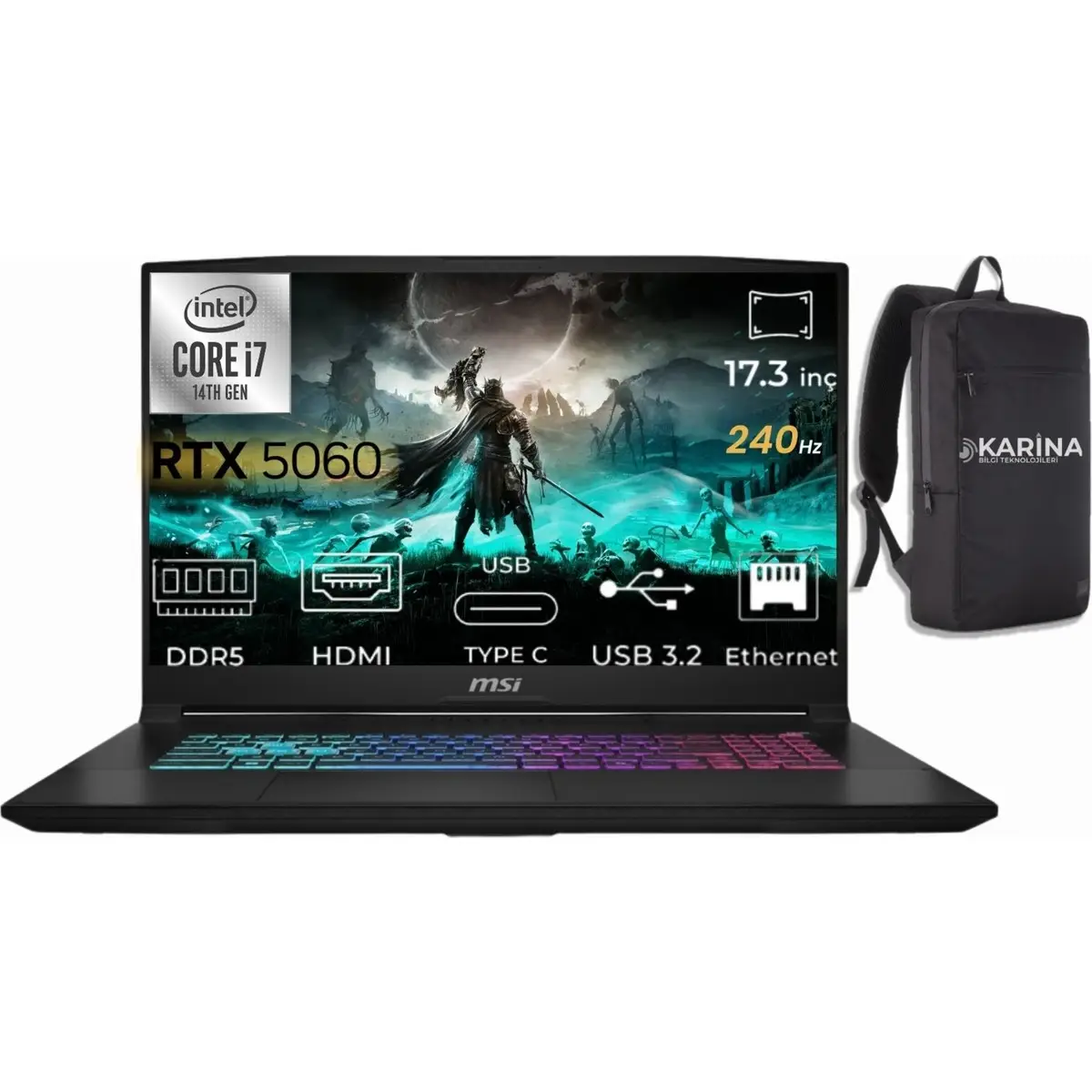 Msı Katana 17 Hx I7-14650HX B14WFK-248XTR-K17 16GB 1tb RTX5060 8gb W11PRO 17.3" Qhd Gaming Laptop & B14WFK248XTRK17