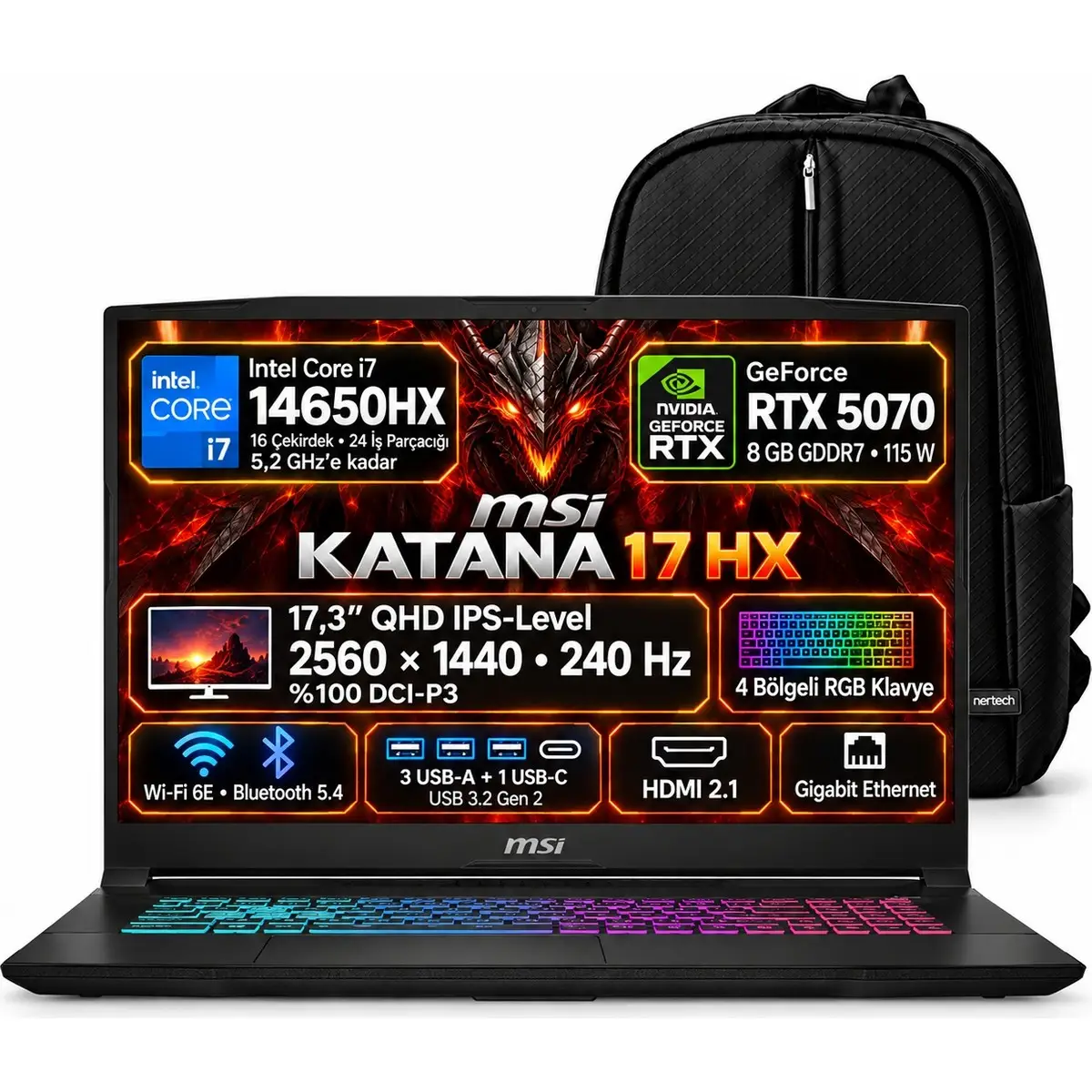 MSI KATANA 17 HX Intel Core i7 14650HX 16GB 512GB SSD RTX5070 17.3'' Windows 11 Pro Taşınabilir Bilgisayar + Snertech Çanta B14WGK-285XTR S1