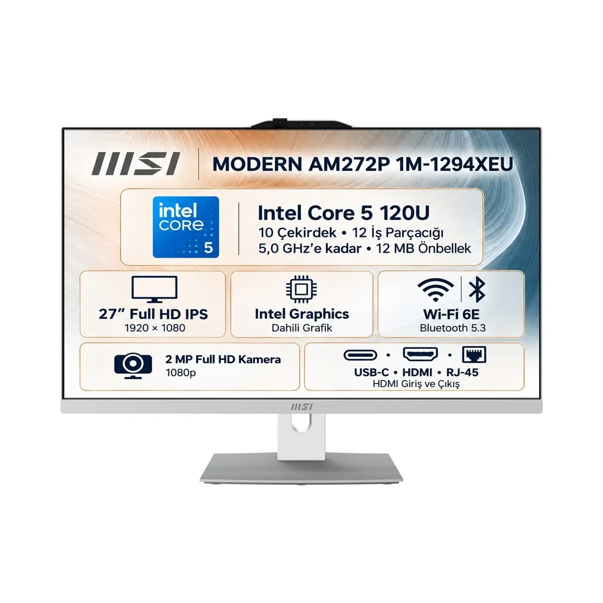 MSI MODERN AM272P Intel Core 5 120U 64GB 512GB SSD 27" Windows 11 Pro Beyaz All In One Bilgisayar Snertech 1M-1294XEU S8