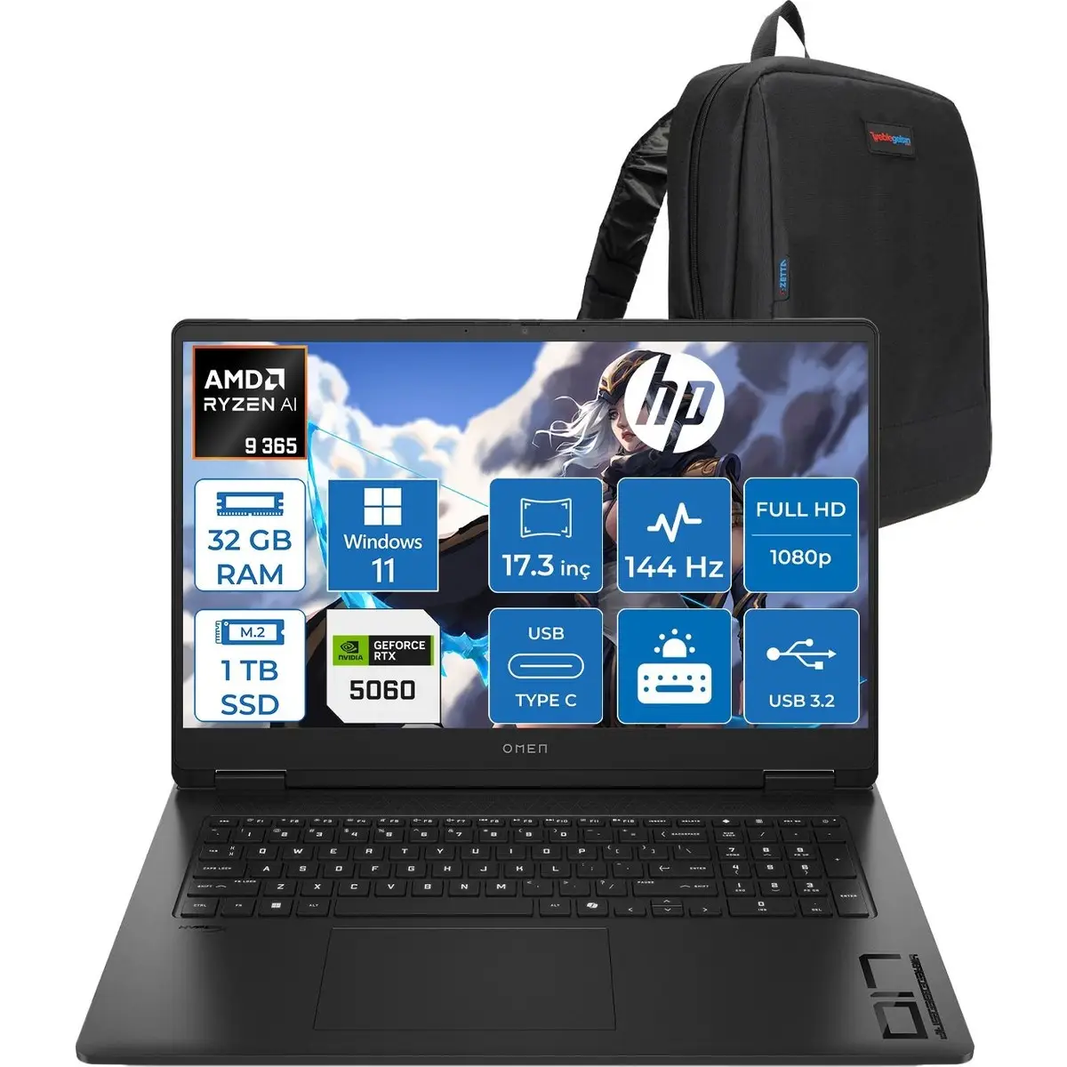 Omen 17-DB1022NT Amd Ryzen Aı 9 365 32GB Ddr5 1tb SSD Windows 11 Pro RTX5060 8gb Gddr6 17.3 Inç Fullhd (1920 x 1080) 144Hz 7ms 300NITS IPS Taşınabilir Bilgisayar CD5N2EAP14 + Zetta Çanta