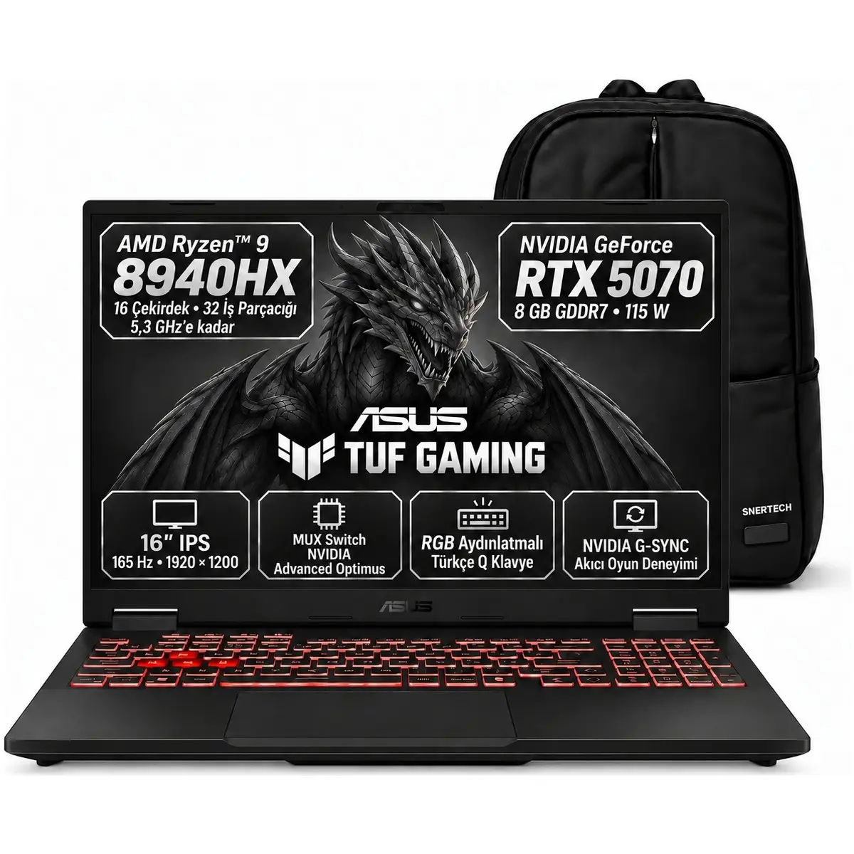 Tuf Gaming A16 FA608PP-RV156 S3 Gamıng Amd Ryzen 9 8940HX 16GB 2tb SSD Rtx 5070 8gb 115W 16" Windows 11 Pro + Snertech Çanta