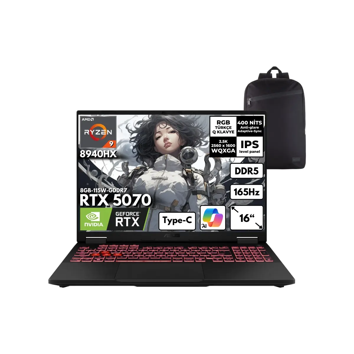 Tuf Gaming A16 Ryzen 9-8940HX 32-Gbddr5 2 Tbssd RTX5070 (8GB-115W-GDDR7) 16" Wqxga 165Hz Windows 11 Home + Hmf Sırt Çantası FA608PP-QT031HMF29