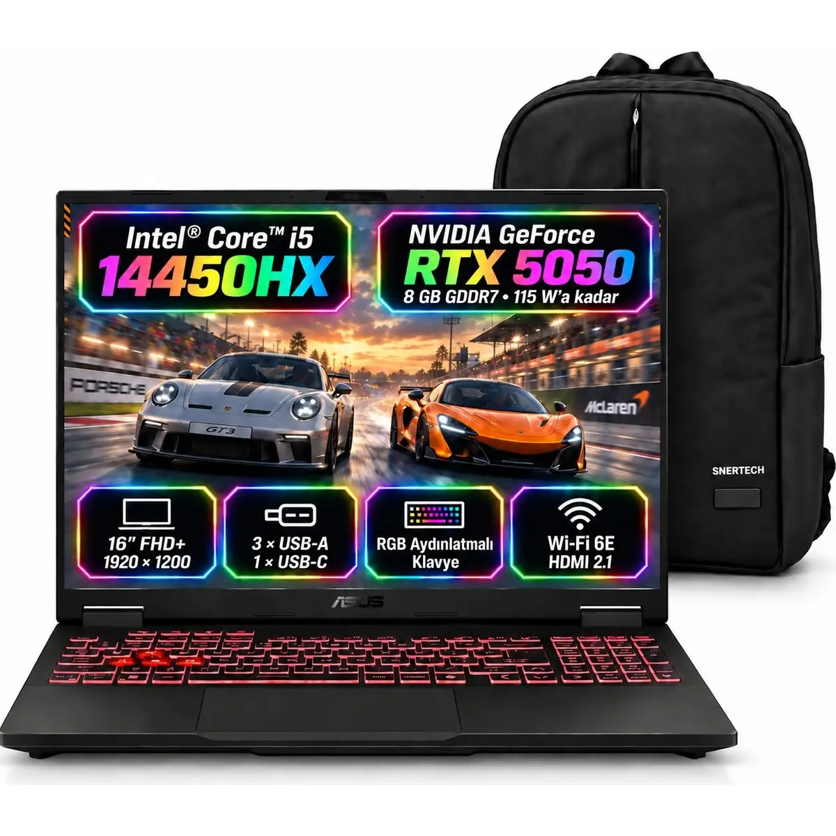 Tuf Gaming F16 FX608JHI-TU231S3 Intel Core I5 14450HX RTX5050 24GB 512GB SSD 16" 144Hz Windows 11 Pro Taşınabilir Bilgisayar + Snertech Çanta