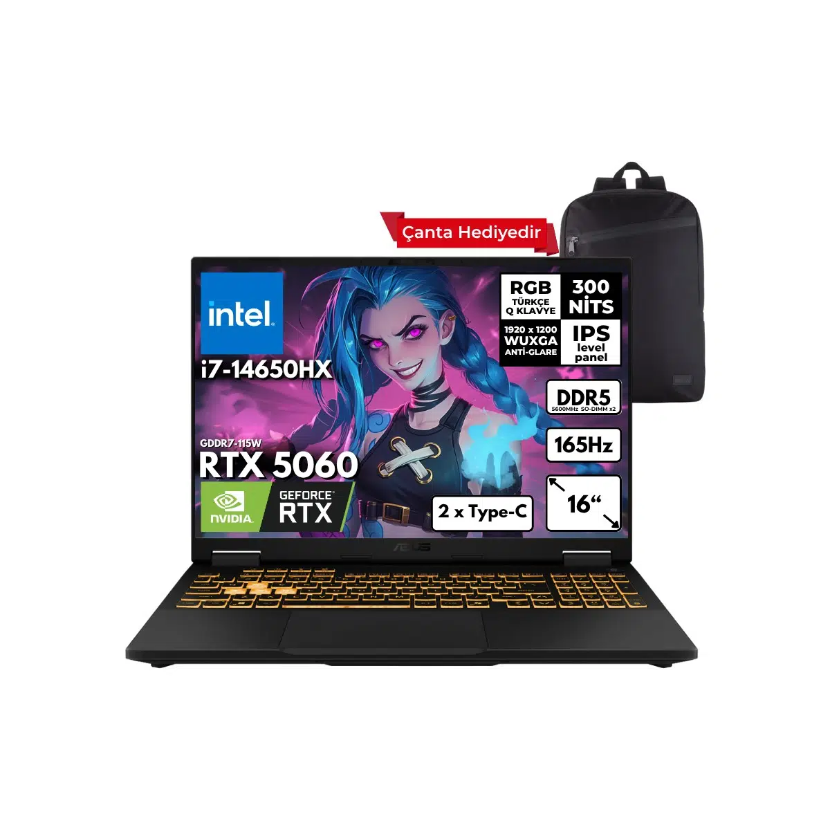 Tuf Gaming F16 I7-14650HX 40-Gbddr5 1 Tbssd RTX5060 (8GB-GDDR7-115W) 16" Wuxga 165Hz Windows 11 Home + Sırt Çantası FX608JMR-RV024HMF35