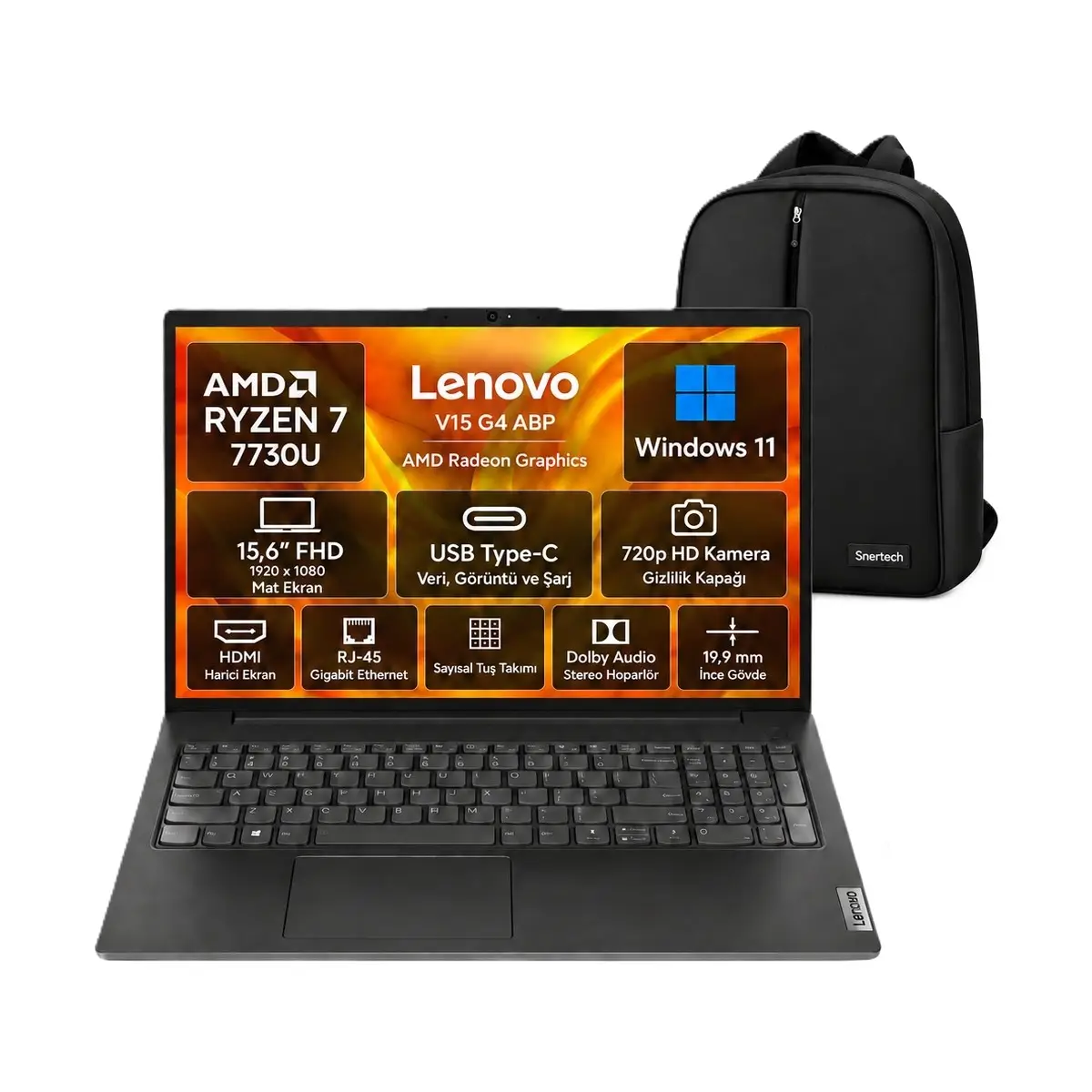 V15 G4 Abp Amd Ryzen 7 7730U 16GB 1tb SSD 15.6" Fhd W11 Taşınabilir Bilgisayar 82YY0012TR -Snertech Çanta