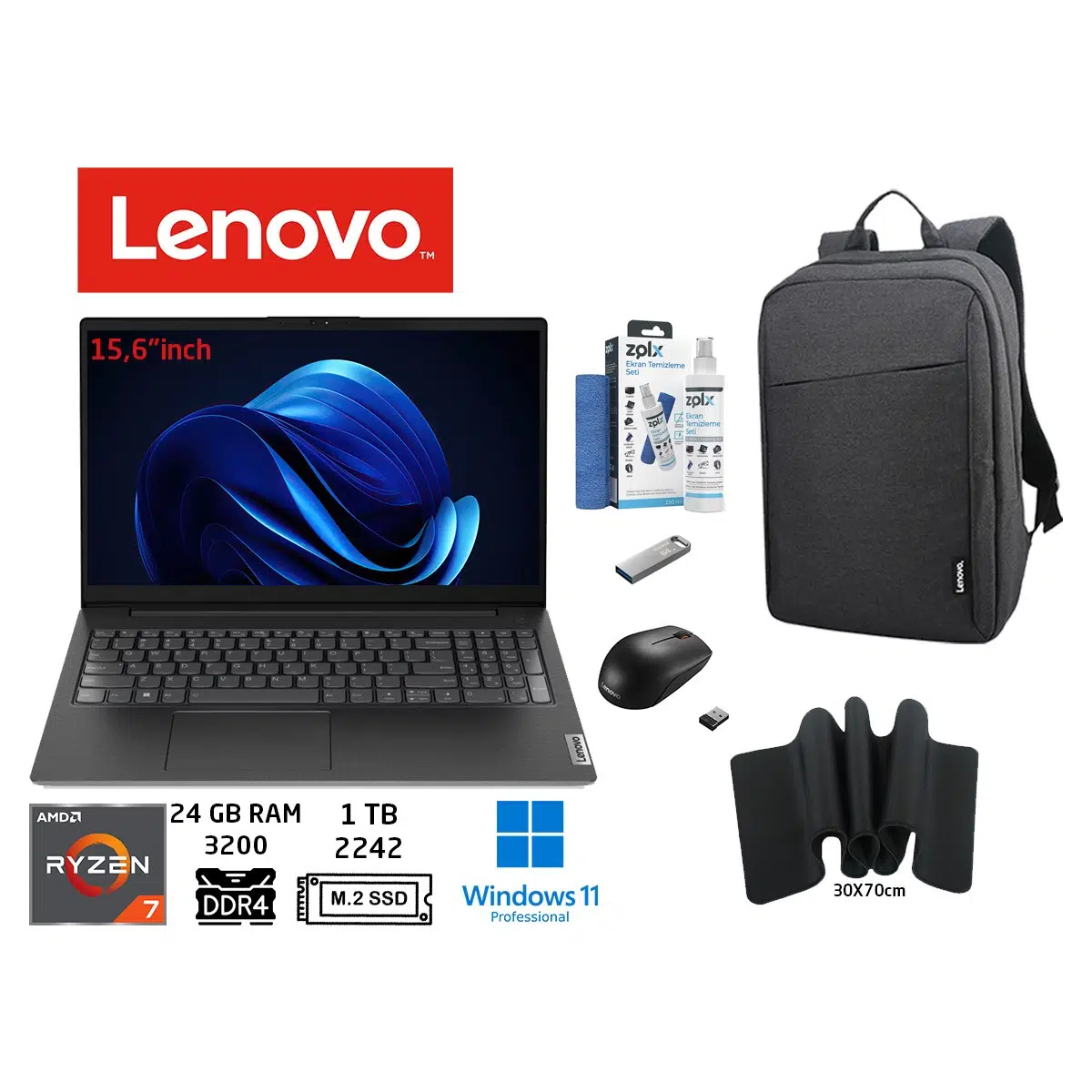V15 G4 Abp Ryzen 7 7730U 24 GB 1 Tb SSD 15.6" Fhd W11PRO 82YY0012TR Duddı Çanta+Mouse+MousePad+UsbBellek+TemizlikKit