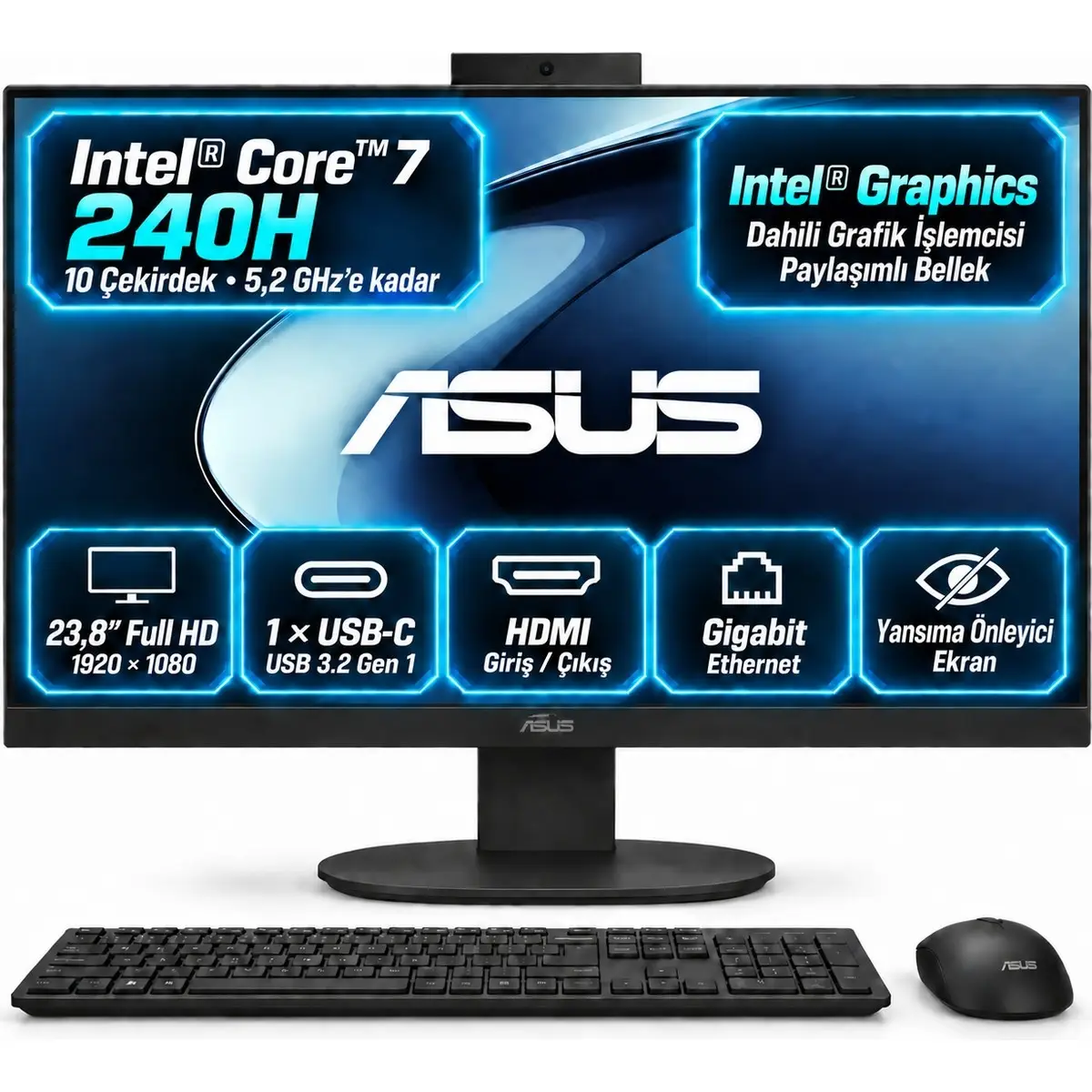V440VAK-C7321TBB0D S12 Core 7 240H Ddr5 64GB 2tb Nvme SSD 23.8'' IPS Fhd Windows 11 Pro Siyah Kablosuz Mouse-Klavye Siyah All In One