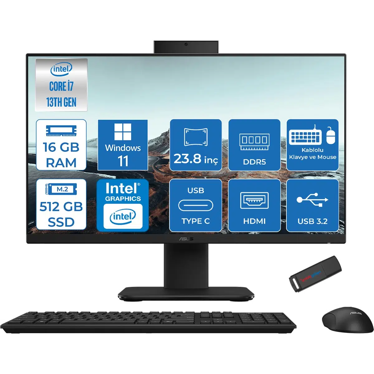 V440VAK Intel Core İ7-13620H 16GB Ddr5 512GB SSD 23.8" Fhd 100HZ 250NITS WIN11PROSIYAH Allınone Bilgisayar BI716512B0DP02+ZETTAUSBBELLEK